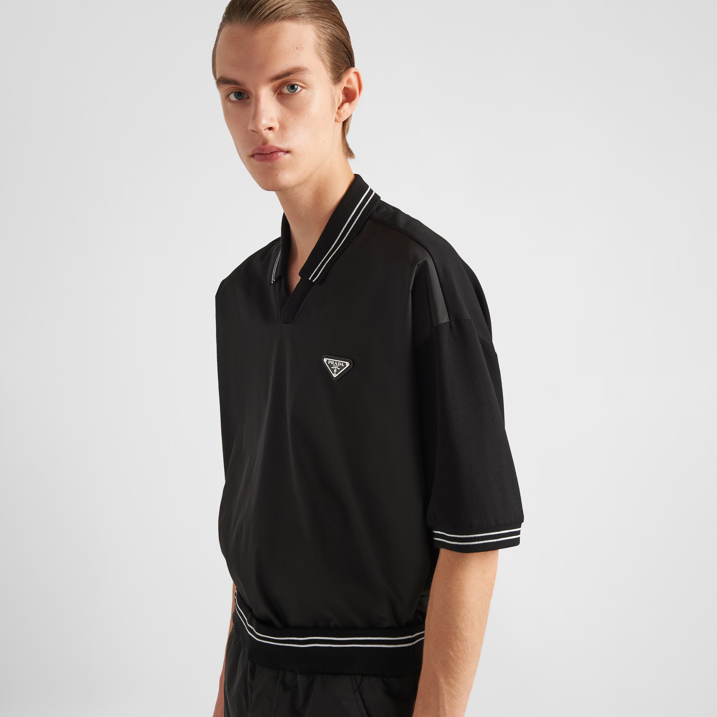 NIGO Prada Men's Summer Black Re-Nylon Detail Beaded Georgette Polo Shirt Short Sleeve Tee Striped Printed Bermuda Shorts Set Suit #nigo99561