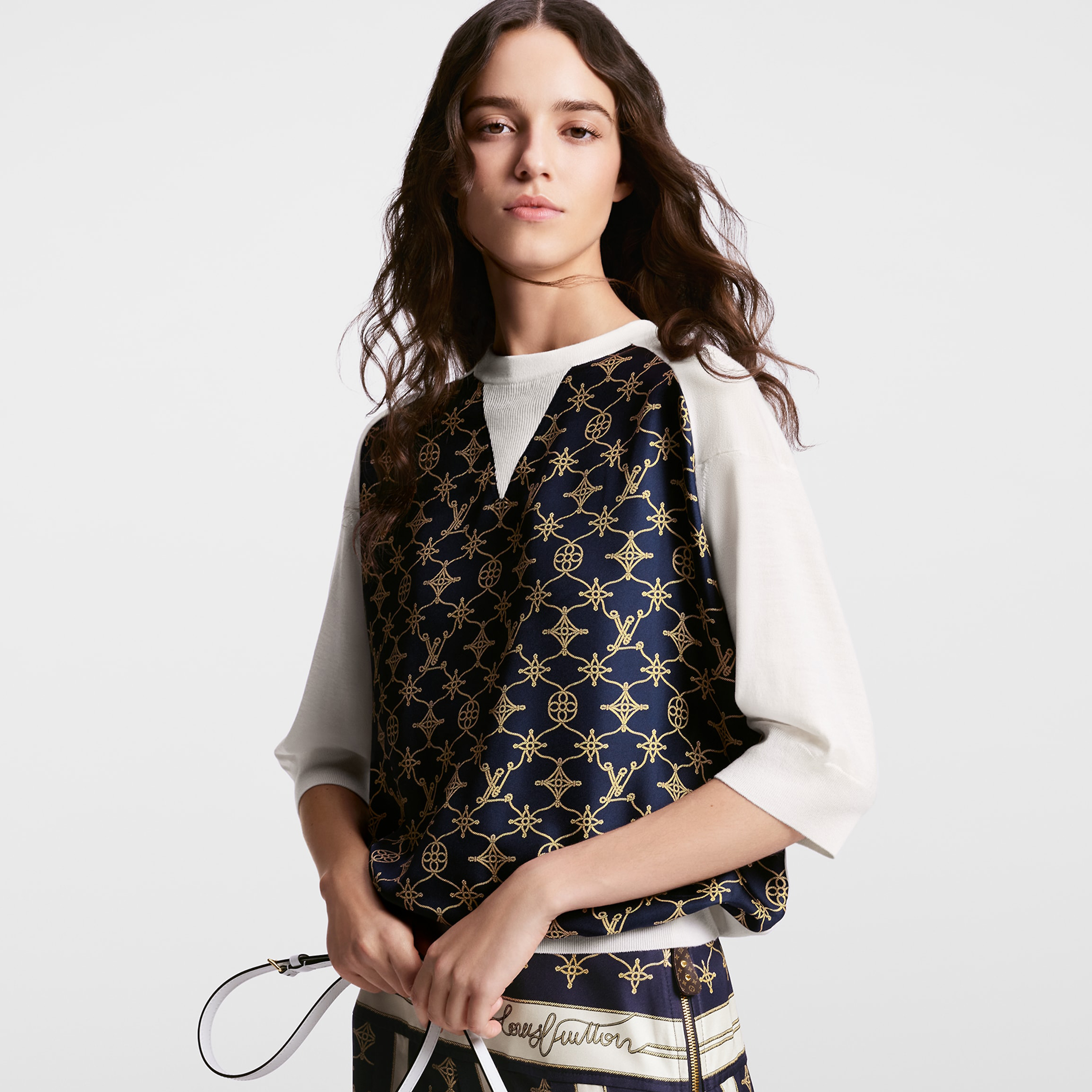 NIGO Louis Vuitton NAUTICAL MONOGRAM Women's Summer Patchwork Logo All-over Print Crew Neck 7/10 Sleeve Knit Sweater #nigo99558