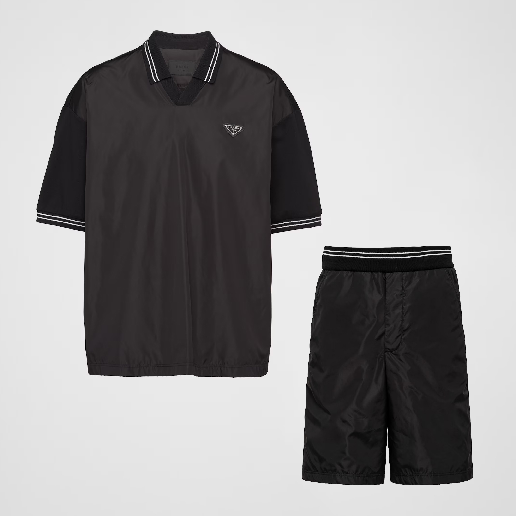 NIGO Prada Men's Summer Black Re-Nylon Detail Beaded Georgette Polo Shirt Short Sleeve Tee Striped Printed Bermuda Shorts Set Suit #nigo99561