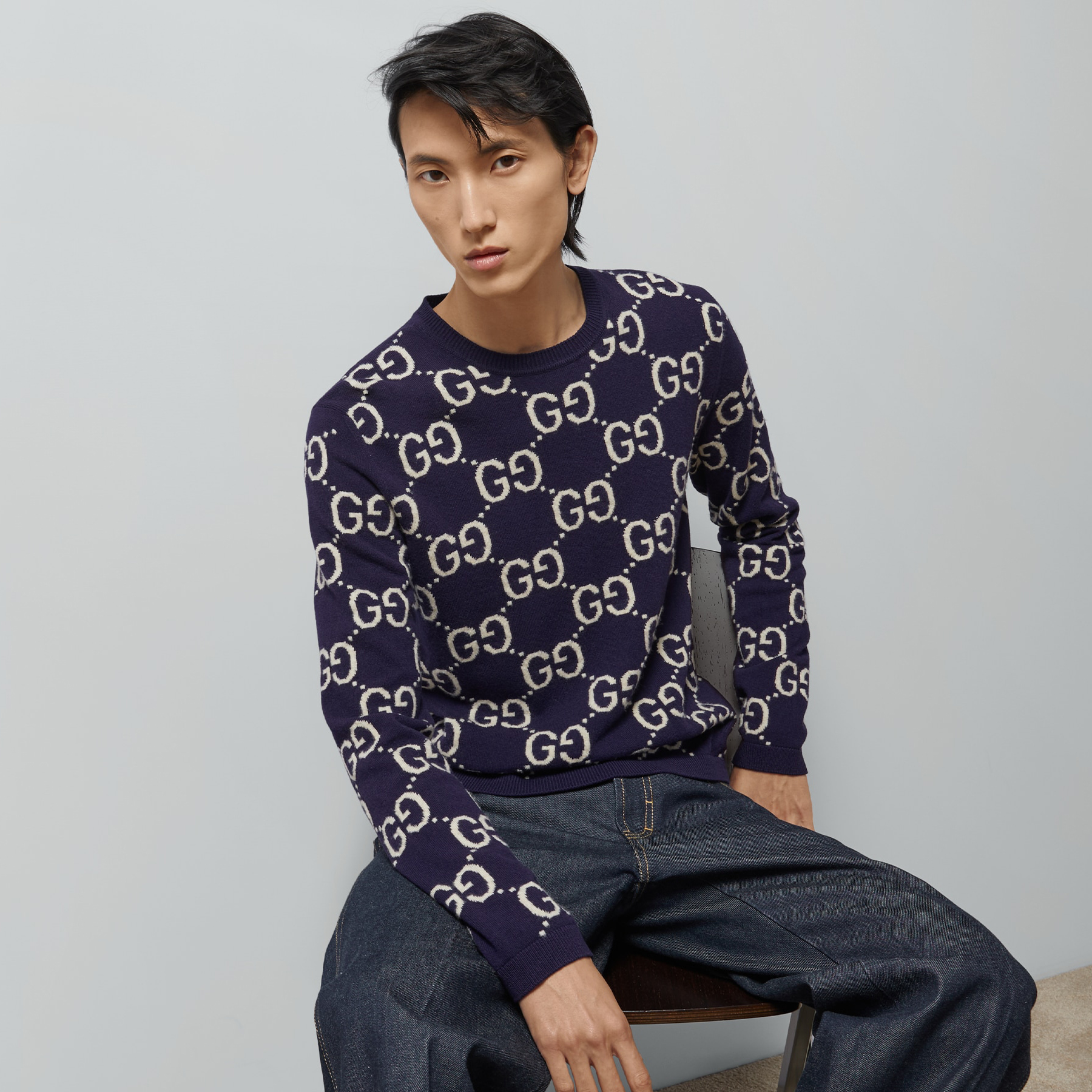 NIGO Gucci Men's Spring and Autumn Logo Letter Printed Blue Knit Crew Neck Long Sleeve Fleece Sweatshirt #nigo99567