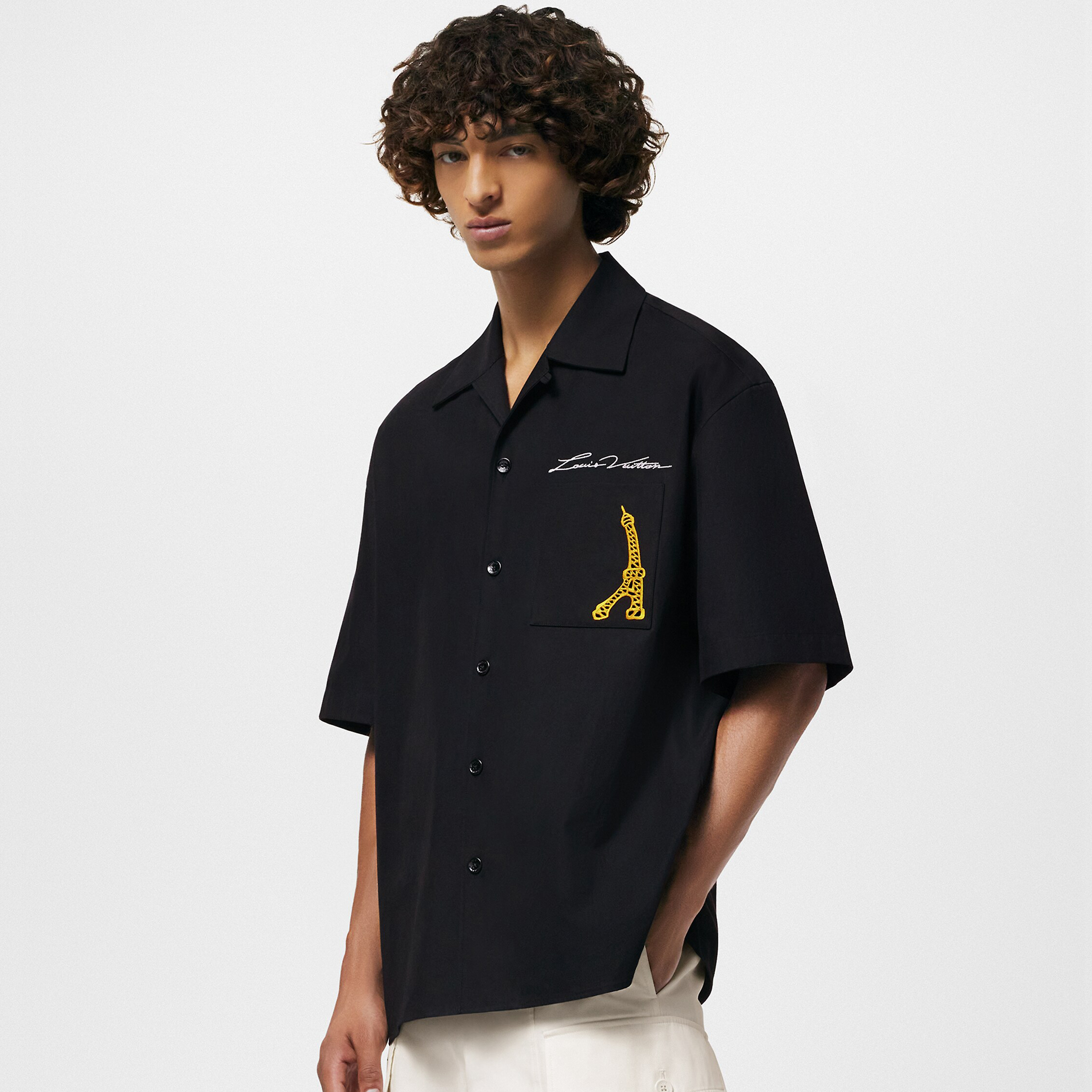 NIGO Louis Vuitton Men's Summer Black Monogrammed Embroidered Single Breasted Short Sleeve Shirt #nigo99568