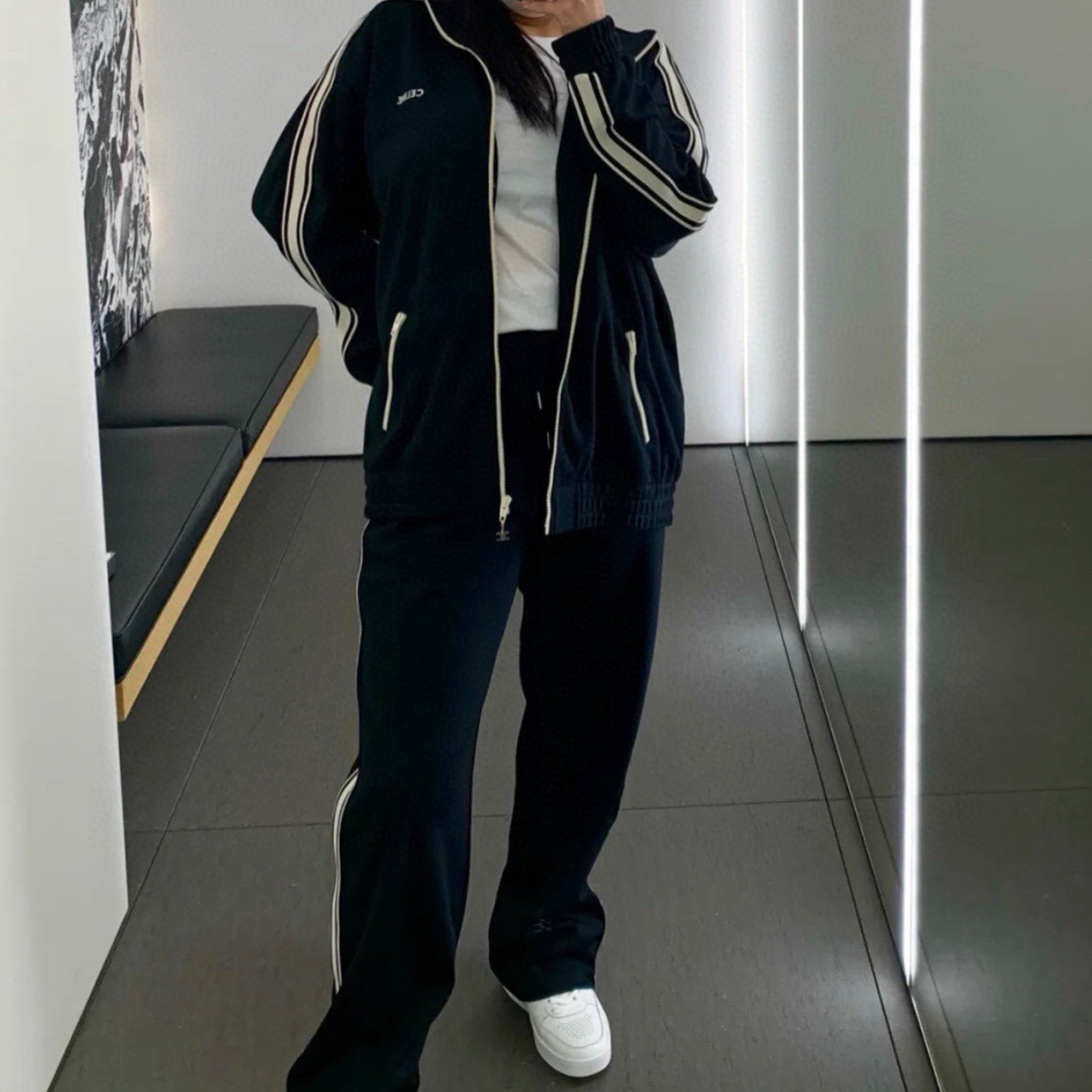 NIGO Celine Women's And Men's Spring/summer New Product Logo Sports And Casual Set Striped Letter Black Casual Loose Jacket Long Wide Leg Casual Pants #nigo99577