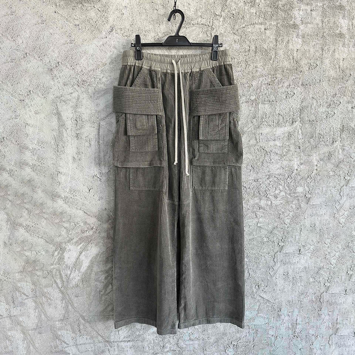 NIGO Rick Owens Men's Autumn and Winter Solid Color Corduroy Drawstring Multi-Pocket Casual Loose Wide Leg Pants Work Pants Ngvp #nigo8344