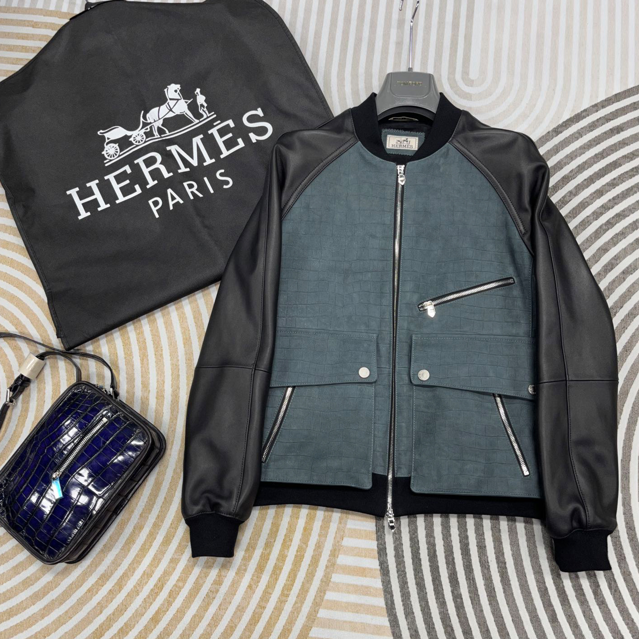 NIGO Hermes Men's Autumn And Winter Frosted Crocodile Pattern Cowhide Patchwork Sheepskin Baseball Leather Jacket #nigo71231