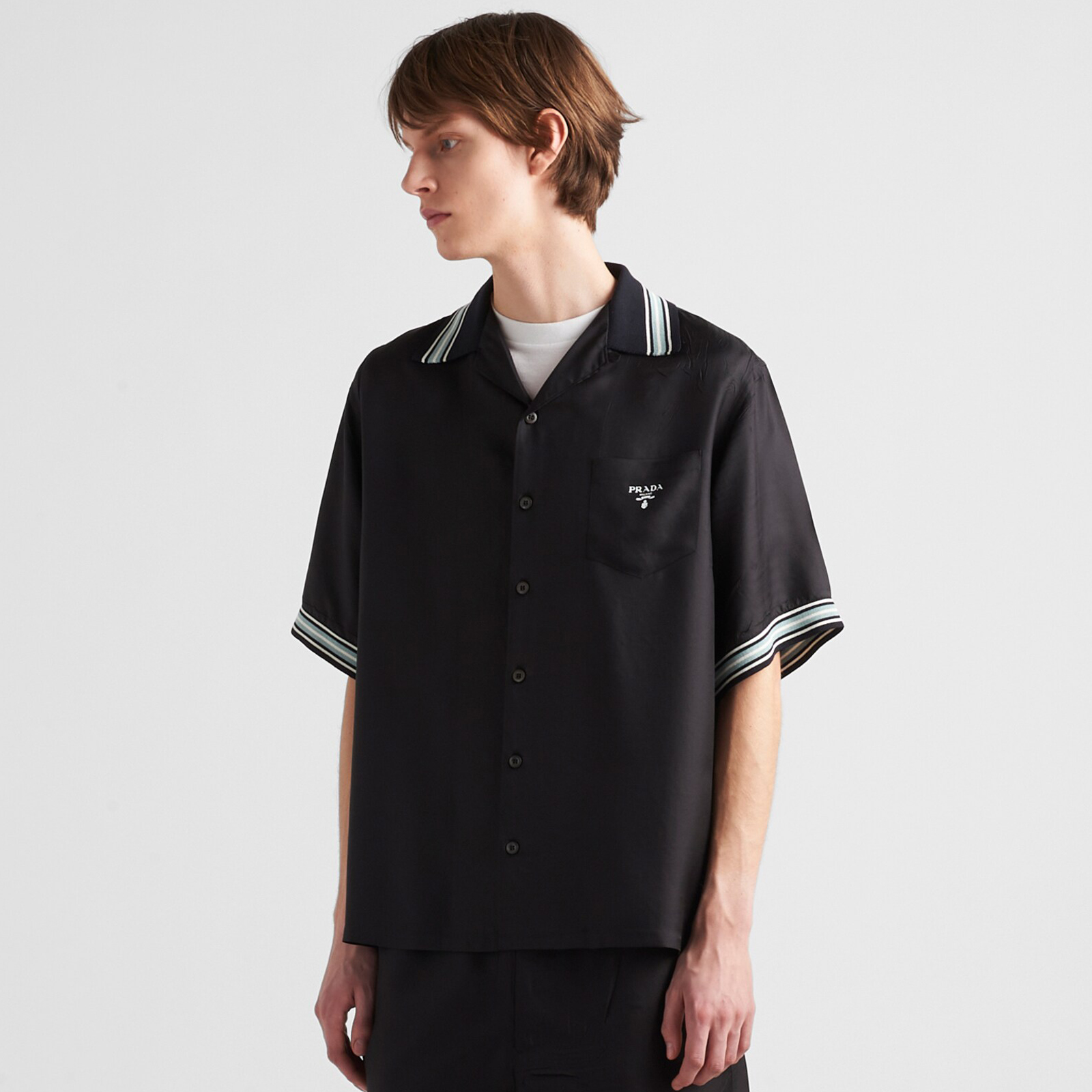 NIGO Prada Men's Summer Black Striped Letter Logo Printed Single Breasted Short Sleeve Shirt #nigo99621