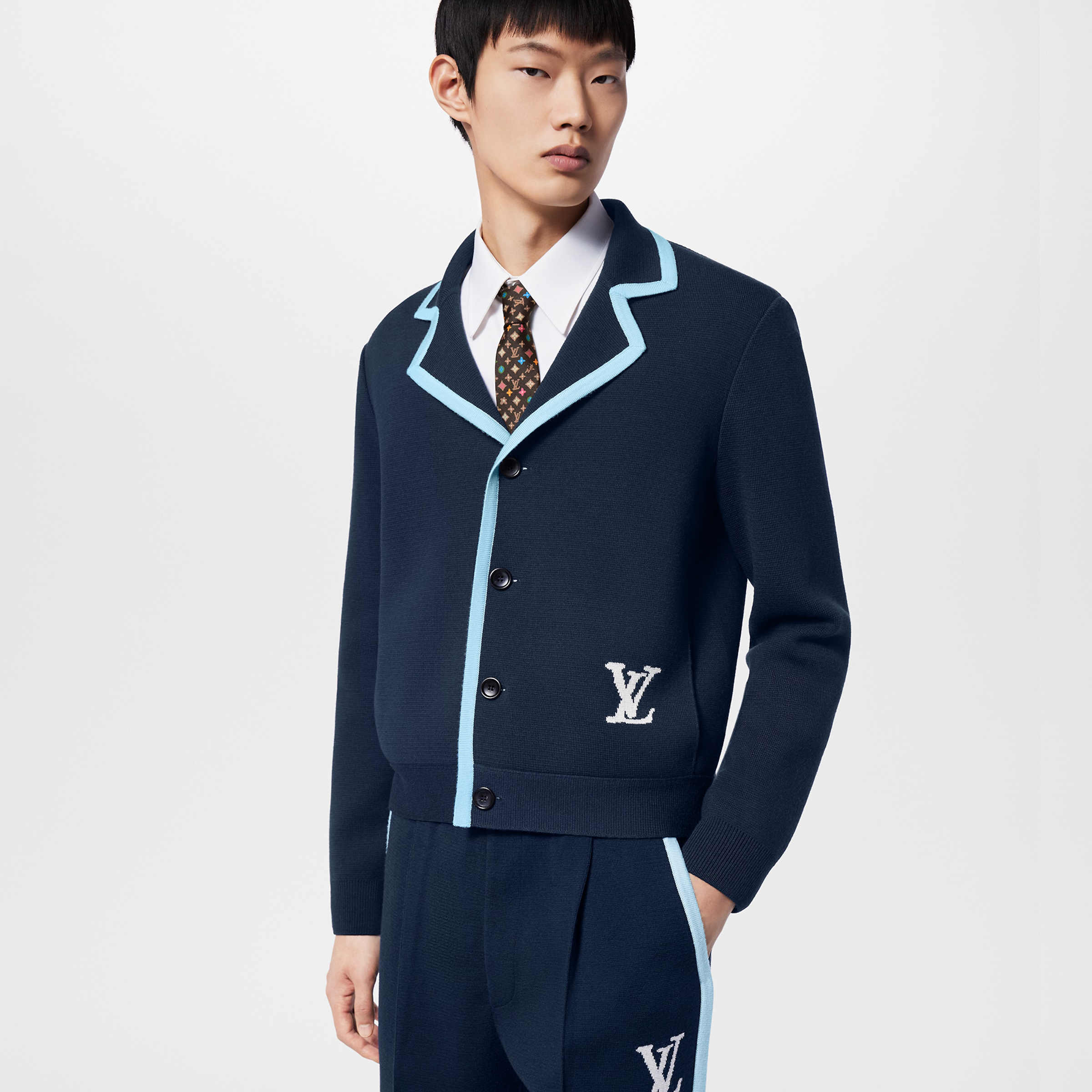NIGO Louis Vuitton Men's Spring and Autumn Navy Logo Applique Single Breasted Long Sleeve Knit Shirt Jacket High Waisted Loose Shorts Set Suit #nigo99639