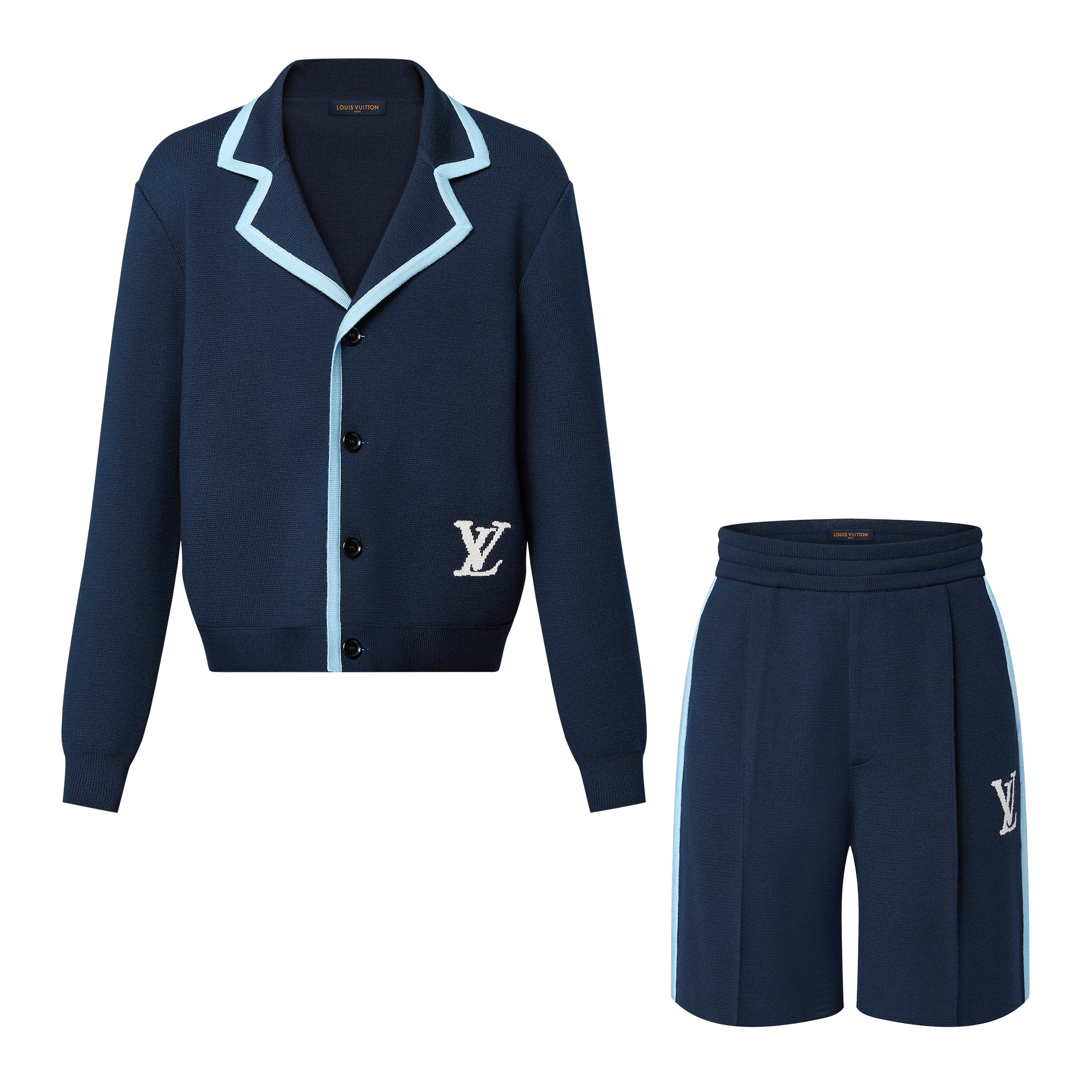 NIGO Louis Vuitton Men's Spring and Autumn Navy Logo Applique Single Breasted Long Sleeve Knit Shirt Jacket High Waisted Loose Shorts Set Suit #nigo99639