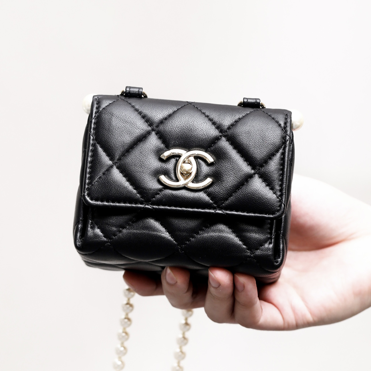 NIGO Chanel Women's Pearl Chain Black Lambskin Flap Mini Box Bag Shoulder Crossbody Bags #nigo99664