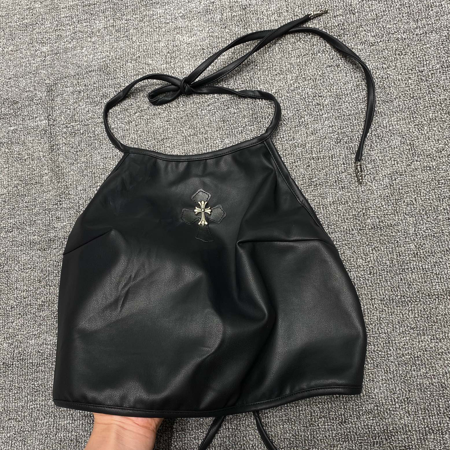 NIGO Chrome Hearts Women's Summer Black Leather Sling Belly Bib Top #nigo99678