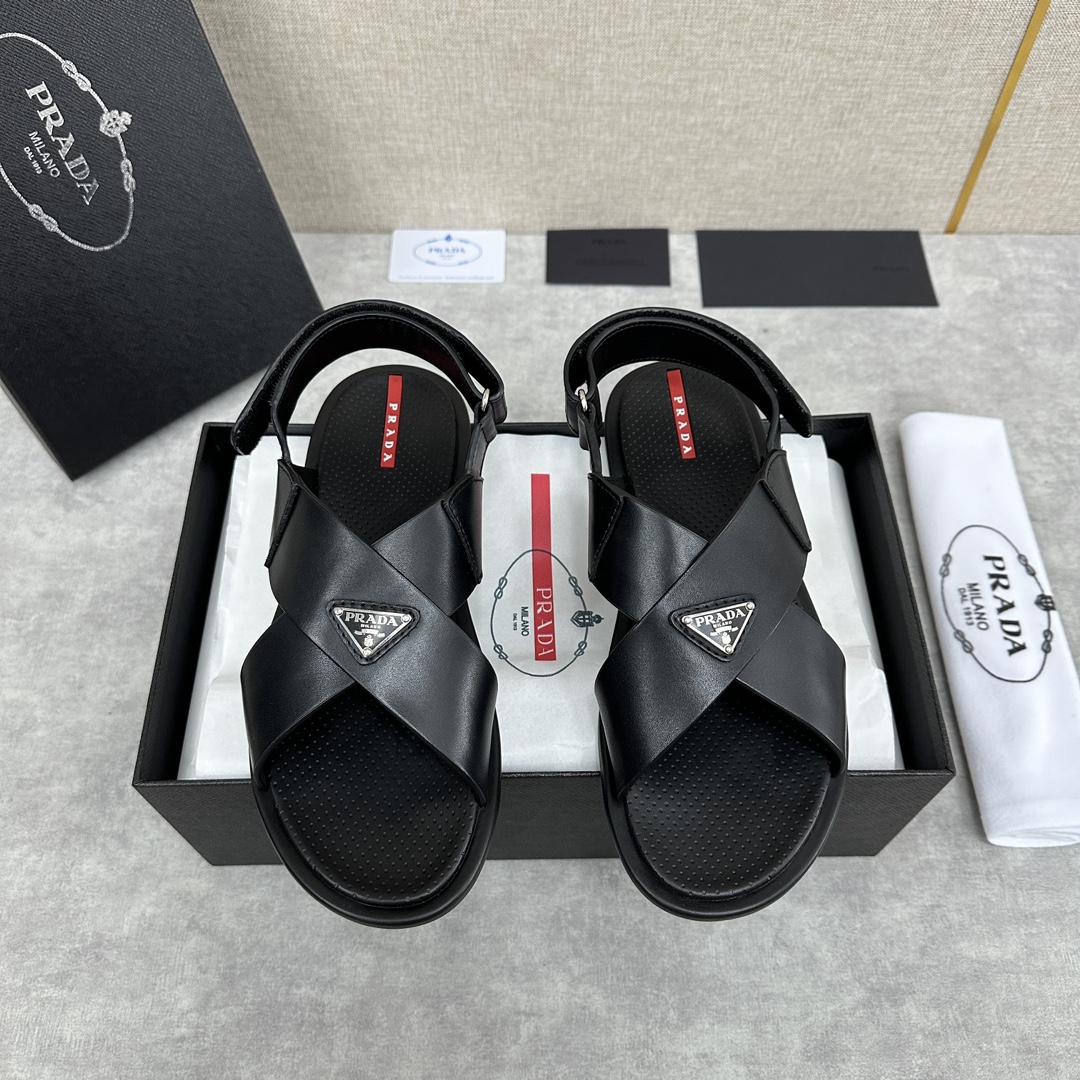 NIGO Prada Men's Summer Black Cross Velcro Leather Sandals Slippers Shoes #nigo99694