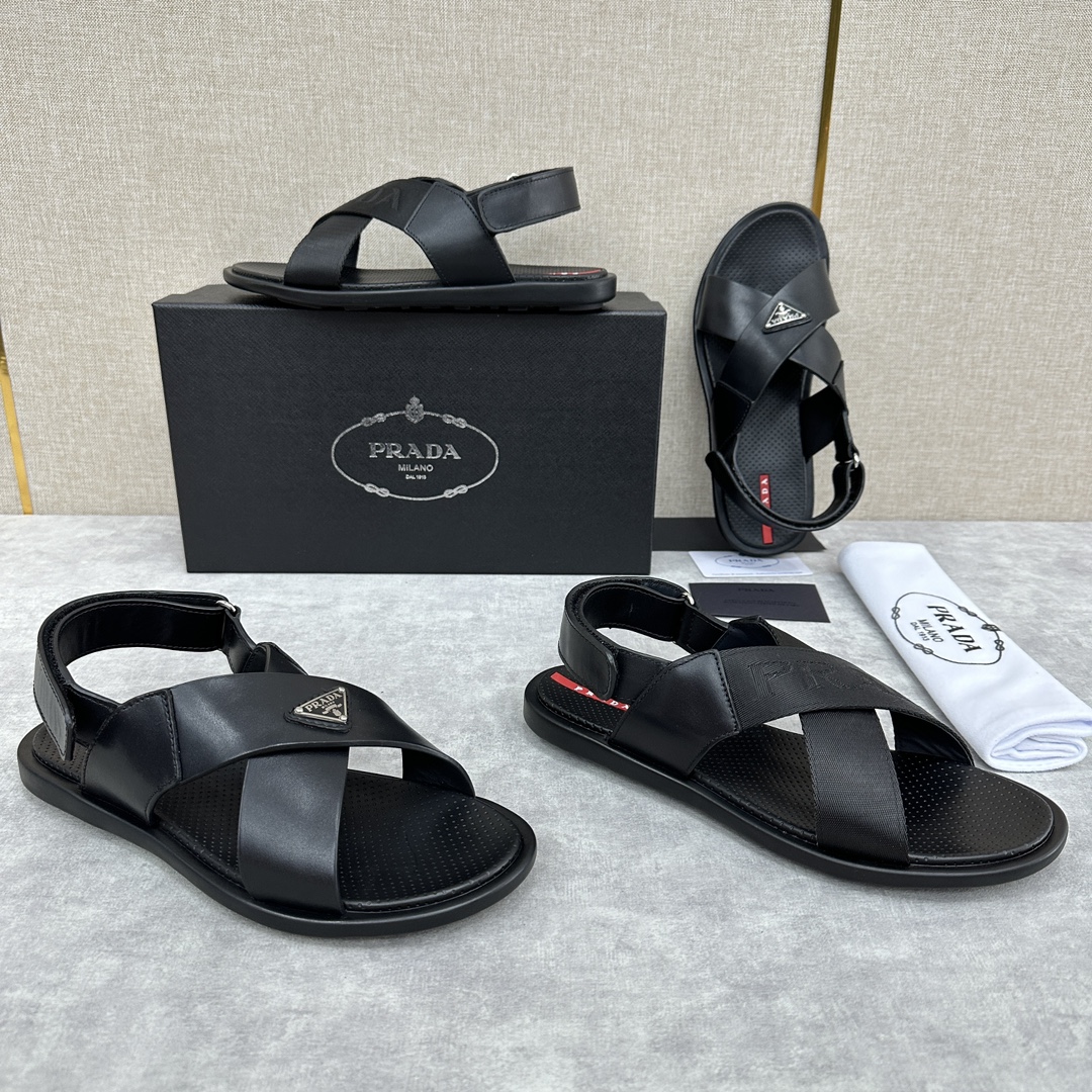NIGO Prada Men's Summer Black Cross Velcro Leather Sandals Slippers Shoes #nigo99694