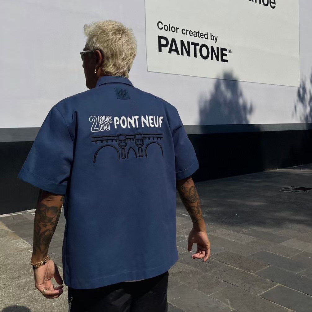 NIGO Louis Vuitton Men's Summer Embroidered Logo Solid Color Single Breasted Lapel Short Sleeve Shirt #nigo99689