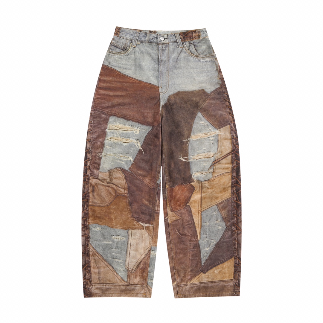 NIGO Acne Studios Men's Four Seasons Vintage Mud Dye Spliced Printed Loose Cotton Mid Waist Wide Leg Denim Pants Ngvp #nigo8369