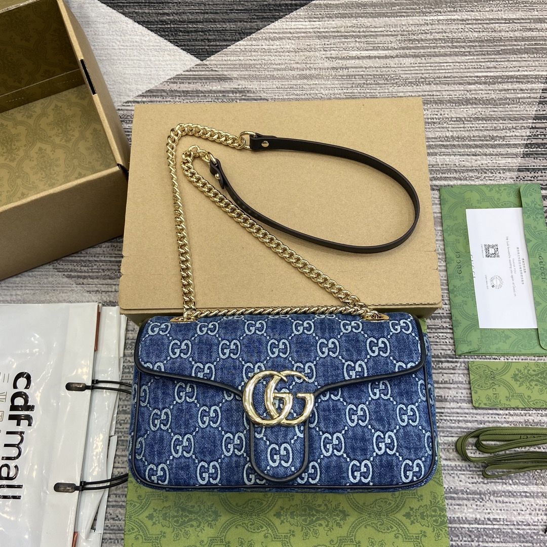 NIGO Gucci Marmont Women's Blue Double G Logo Sliding Chain Crystal Embroidered Denim Tote Shoulder Crossbody Bag Bags #nigo99714