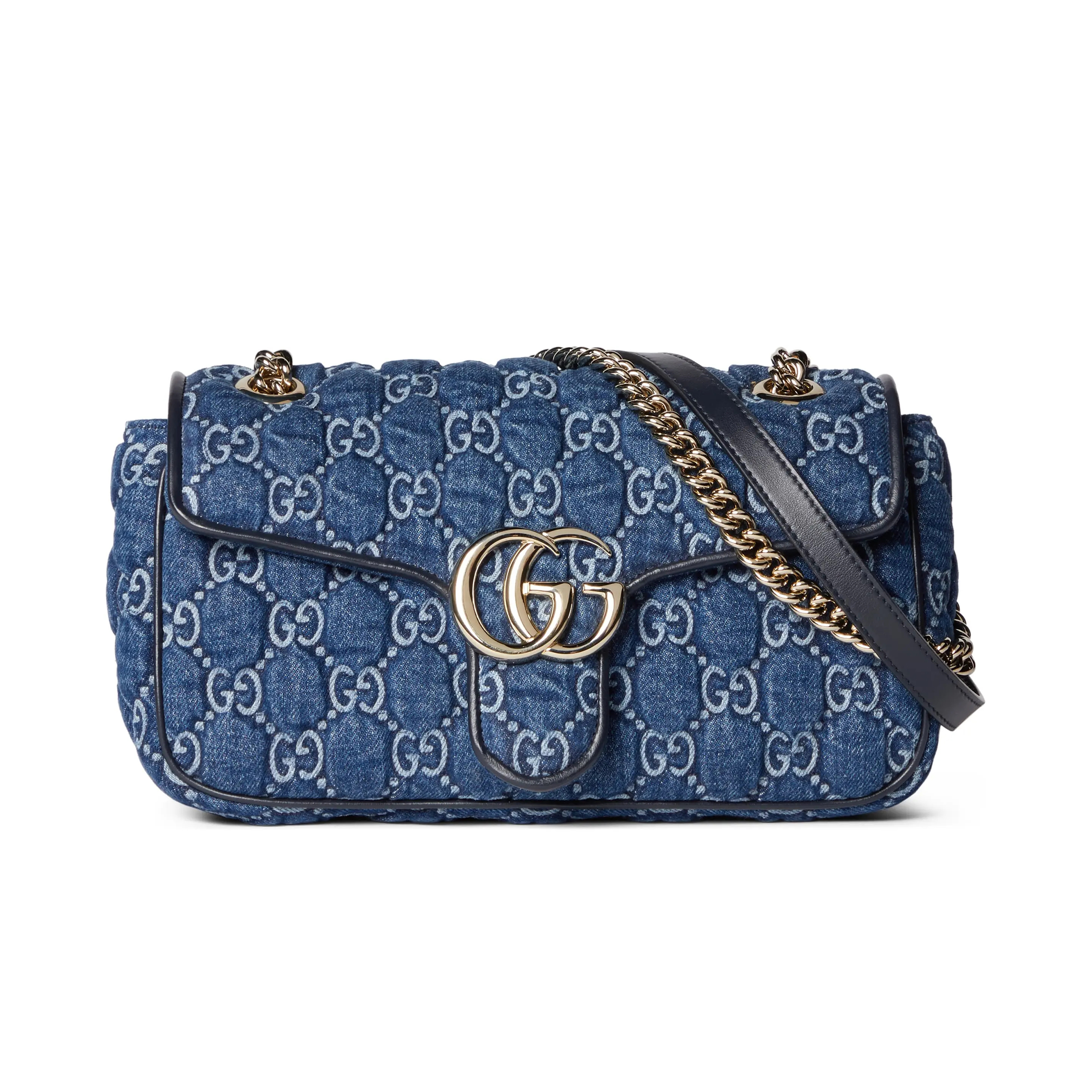 NIGO Gucci Marmont Women's Blue Double G Logo Sliding Chain Crystal Embroidered Denim Tote Shoulder Crossbody Bag Bags #nigo99714