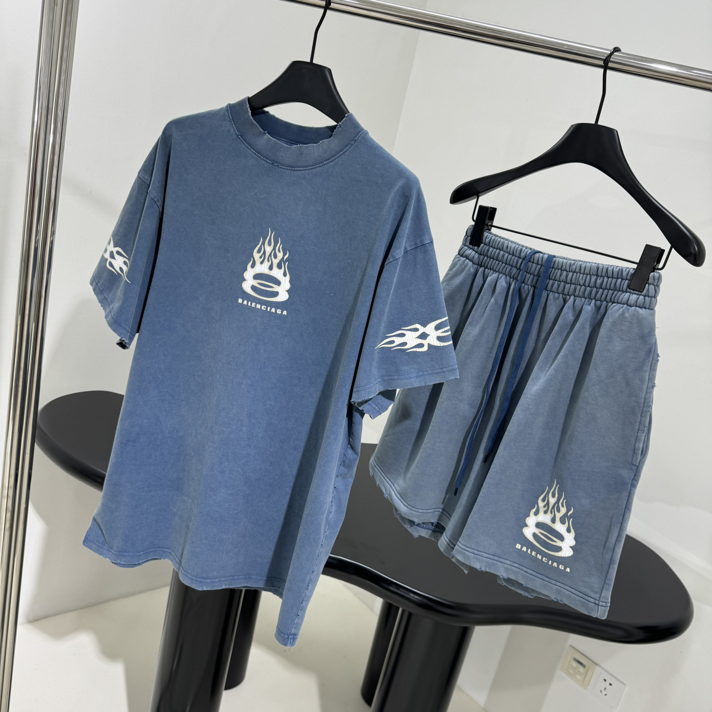 NIGO Balenciaga Men's Summer Burning Unity Light Vintage Plain Knit Large Silhouette Short Sleeve T-Shirt Stretch Mid Waist Cotton Shorts Pants Set Suit #nigo99724