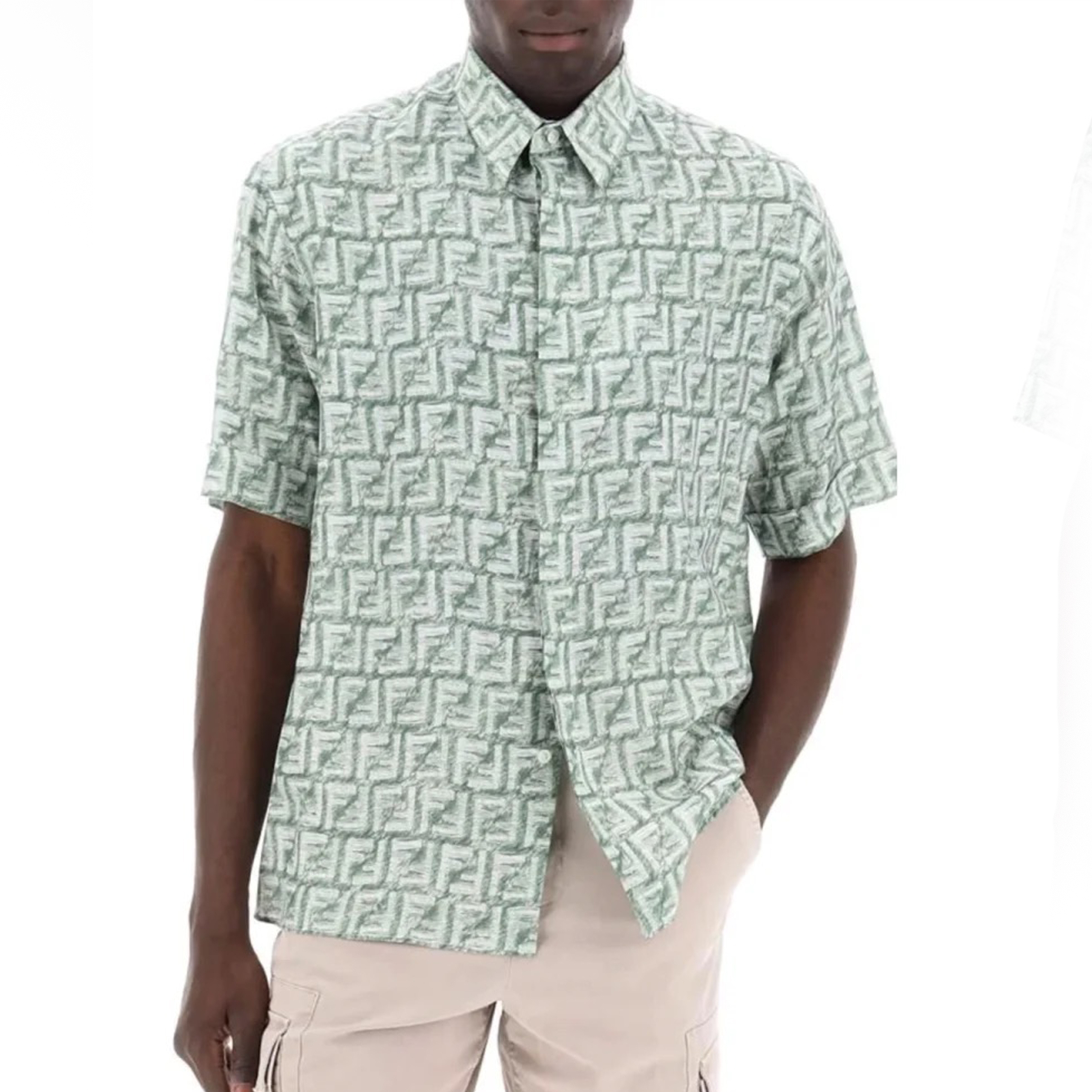 NIGO Fendi Men's Spring/summer Green Letter Logo Linen Fashion Short Sleeved Shirt Single Breasted Flip Collar Top #nigo71262