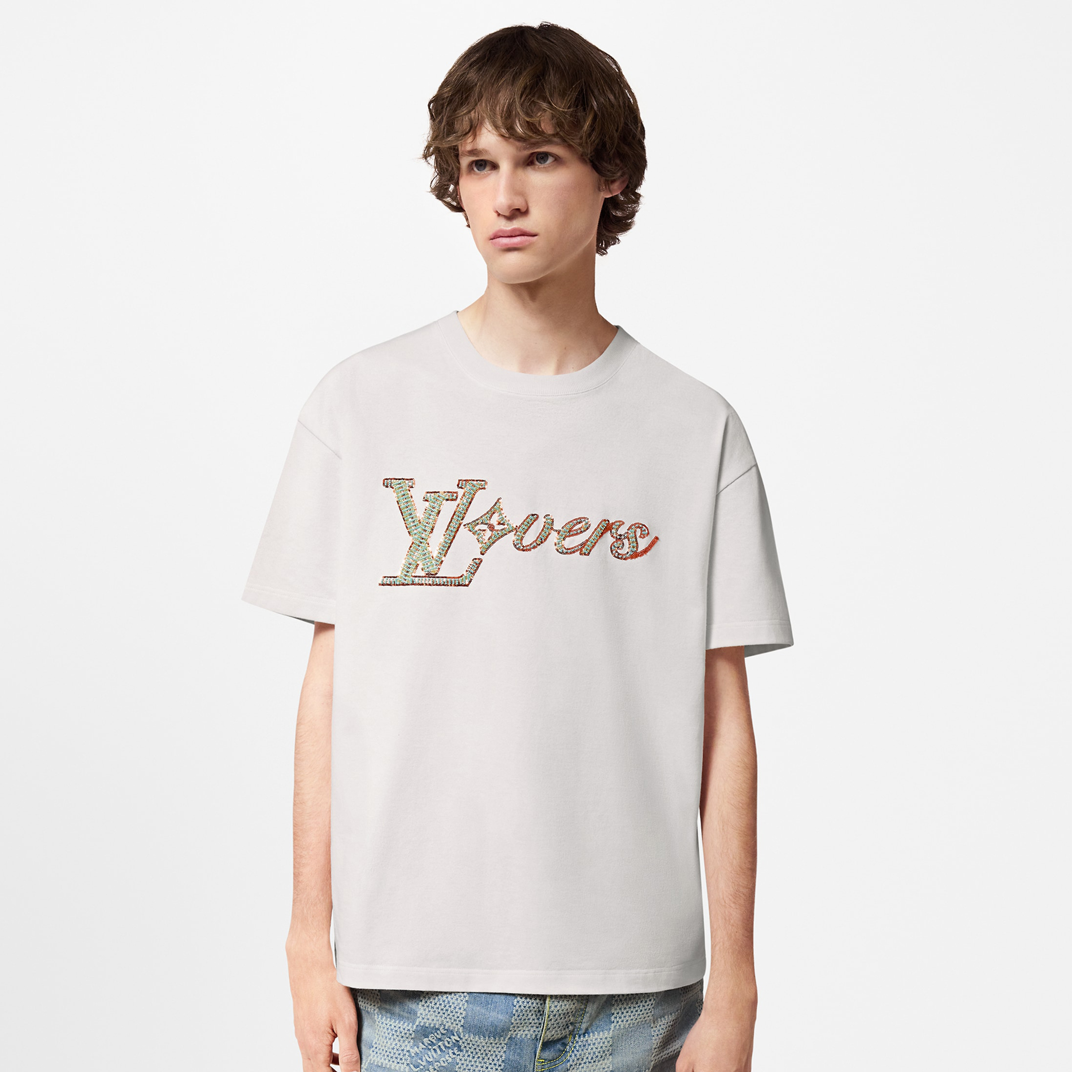 NIGO Louis Vuitton Men's Summer Embroidery Beaded Letter Logo White Round Neck Short Sleeve T-Shirt #nigo99737