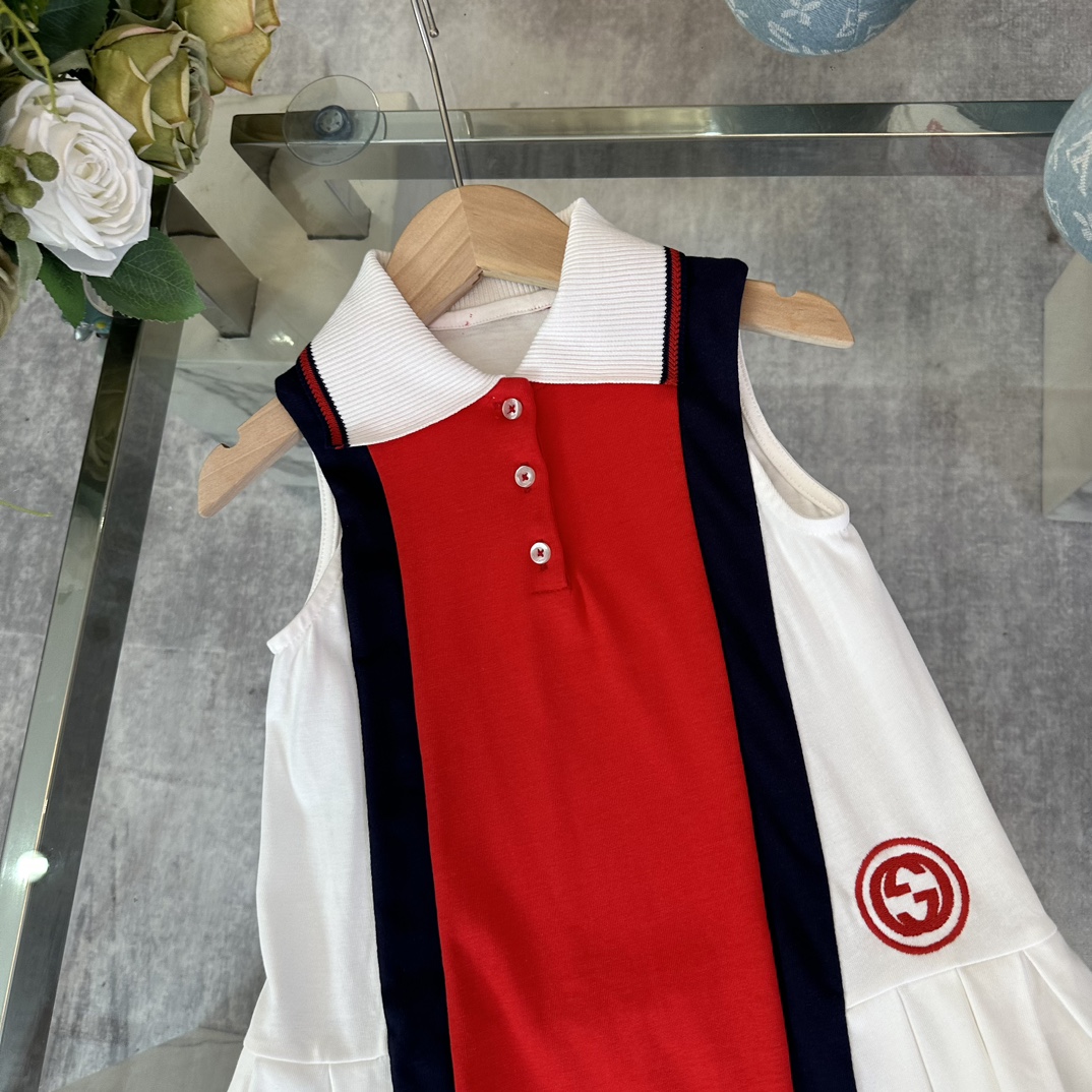 NIGO Gucci Kid's Summer Colorblocked Striped Web Cotton Lapel Mid-Length Sleeveless Dresses #nigo31286