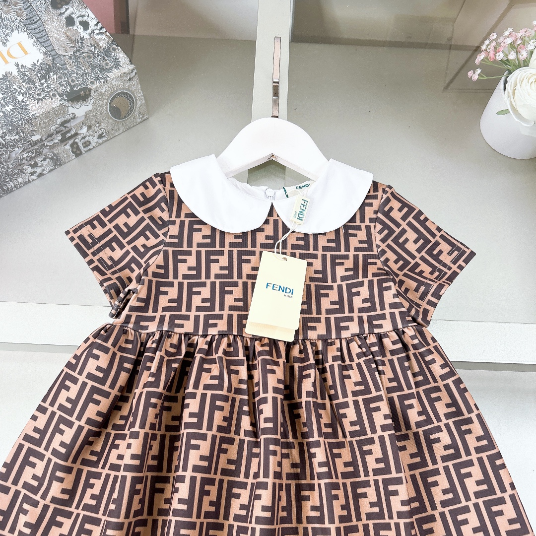 NIGO Fendi Kid's Summer Full Printed Logo Lapel Short Sleeve A-Line Fitted Casual Dress #nigo31284