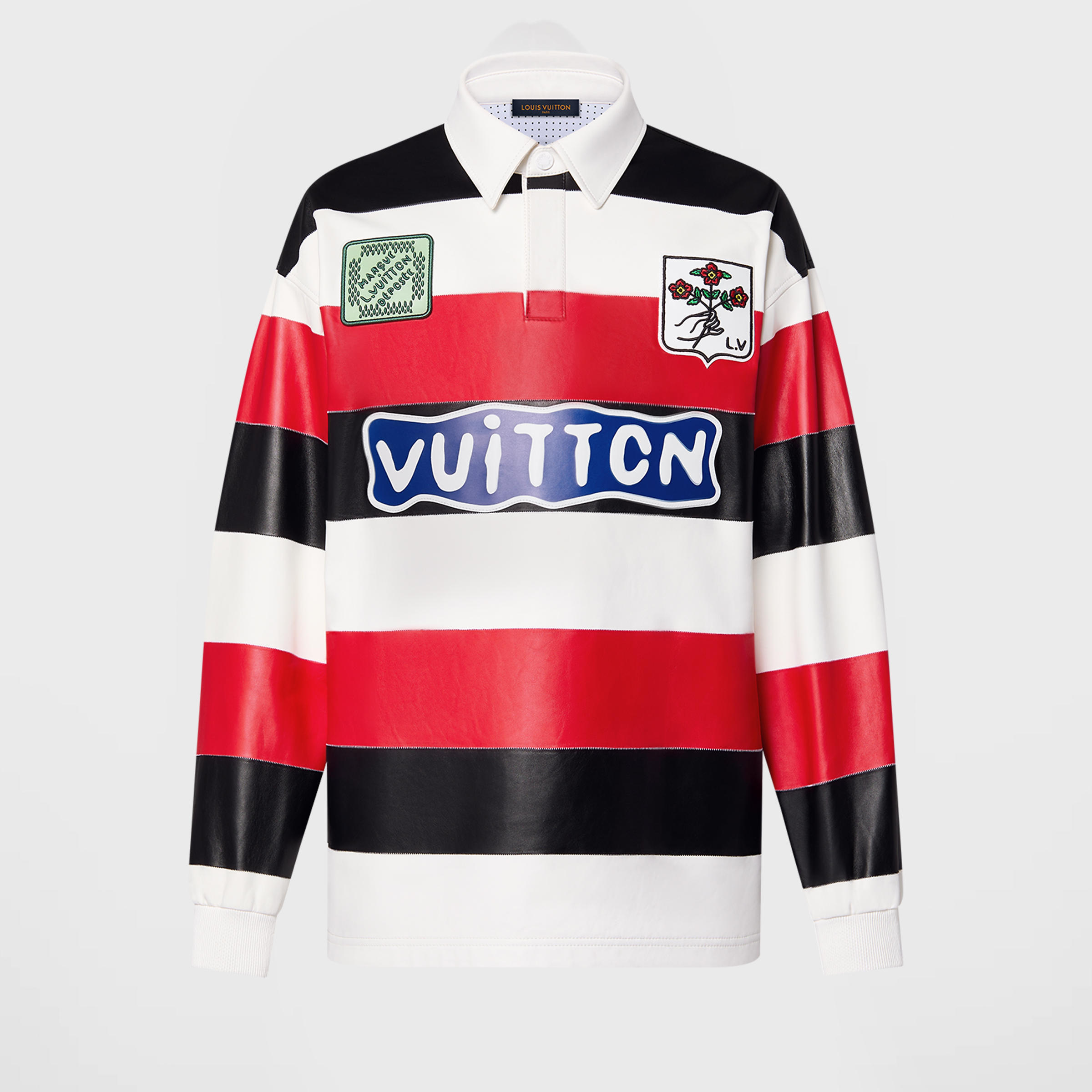 NIGO Louis Vuitton Men's Spring And Autumn Striped Patchwork Leather Long Sleeved T-shirt With Flip Collar Fashionable And Loose Casual Top #nigo71264