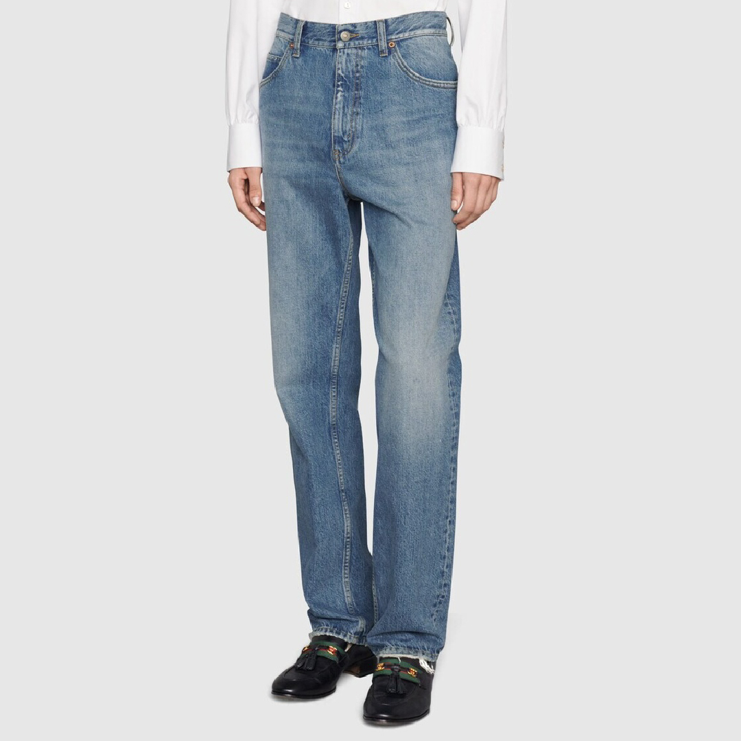 NIGO Gucci Men's Summer Logo Blue Gradient Washed Retro Casual Straight Leg Denim Pants #nigo71265
