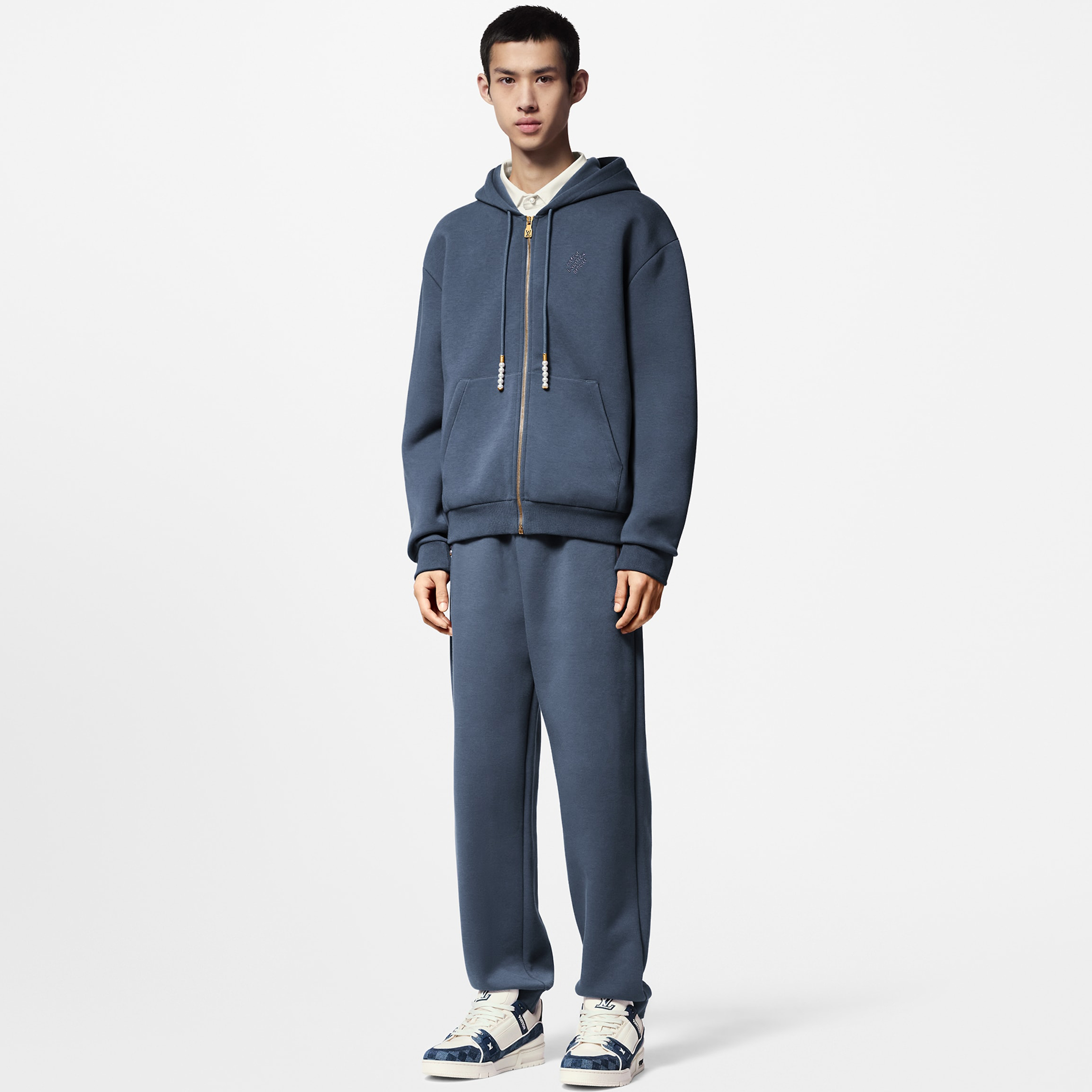 NIGO Louis Vuitton Men's Spring and Autumn Blue Embroidery Letter Logo Pearl Pendant Hooded Zipper Jacket Lace-Up Trousers Pants Set Suit #nigo99763