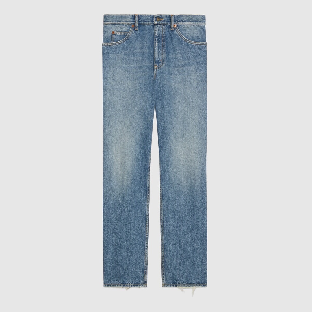 NIGO Gucci Men's Summer Logo Blue Gradient Washed Retro Casual Straight Leg Denim Pants #nigo71265