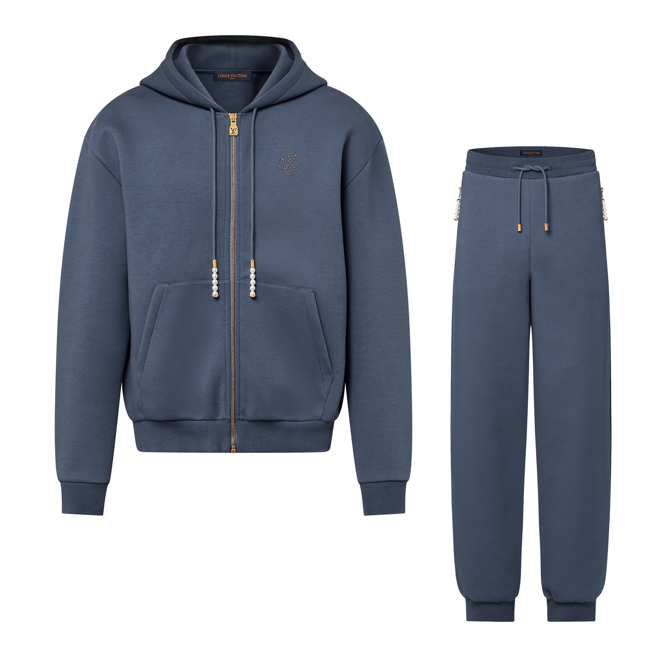 NIGO Louis Vuitton Men's Spring and Autumn Blue Embroidery Letter Logo Pearl Pendant Hooded Zipper Jacket Lace-Up Trousers Pants Set Suit #nigo99763