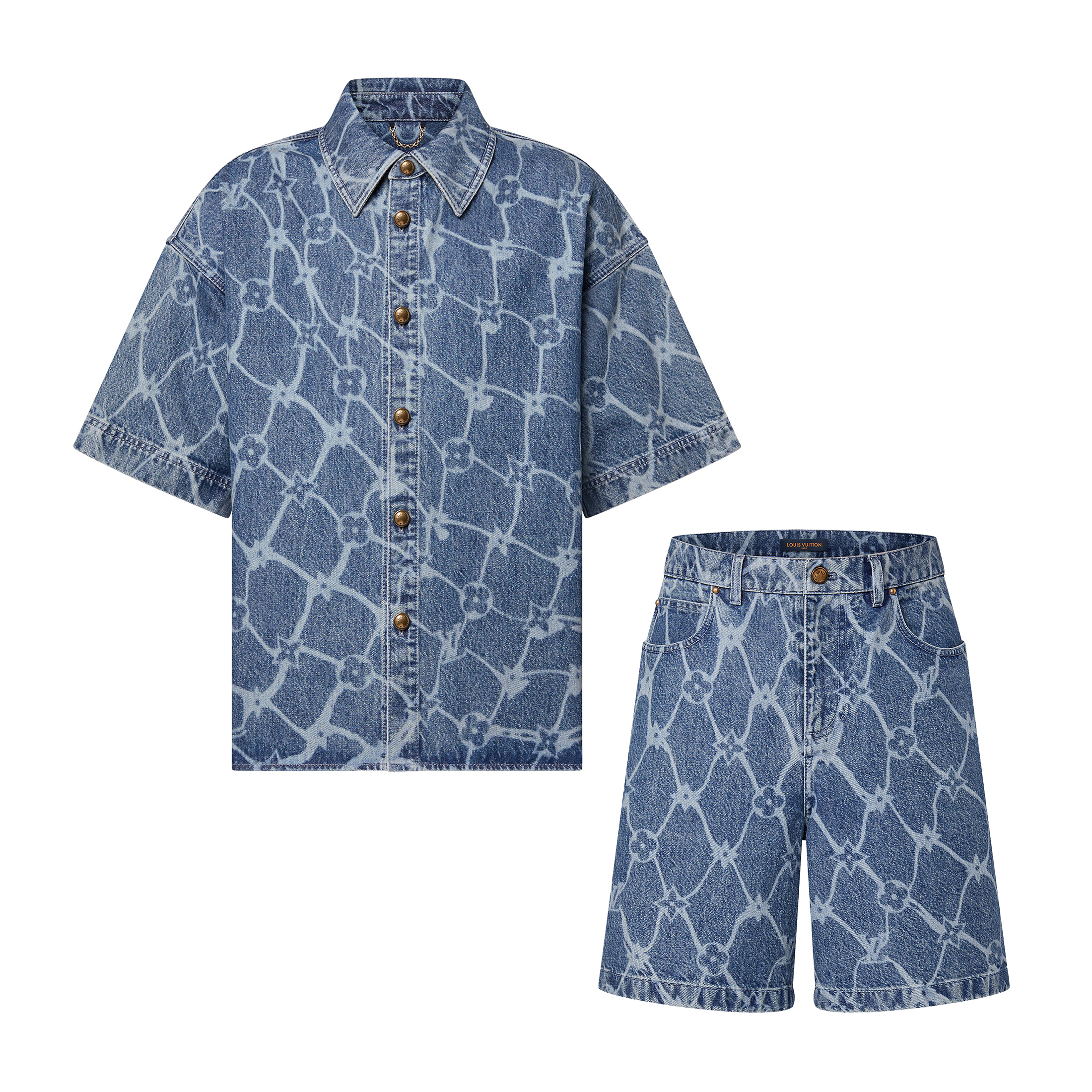 NIGO Louis Vuitton Men's Summer Blue Logo Printed Lapel Single Breasted Denim Short Sleeve Shirt Zipper Straight Jeans Shorts Set Suit #nigo99785