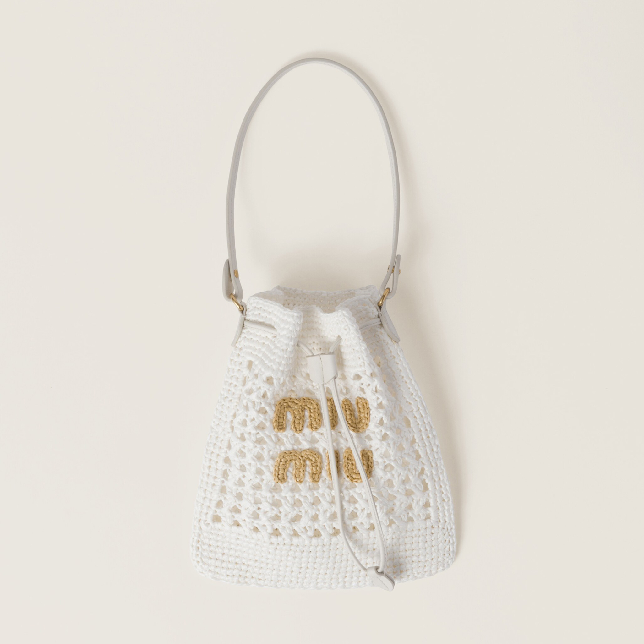 NIGO MiuMiu Women‘s Solid Color Embroidered Letter Logo Drawstring Closure Raffia Patch Leather Tote Shoulder Bag Bags #nigo99777