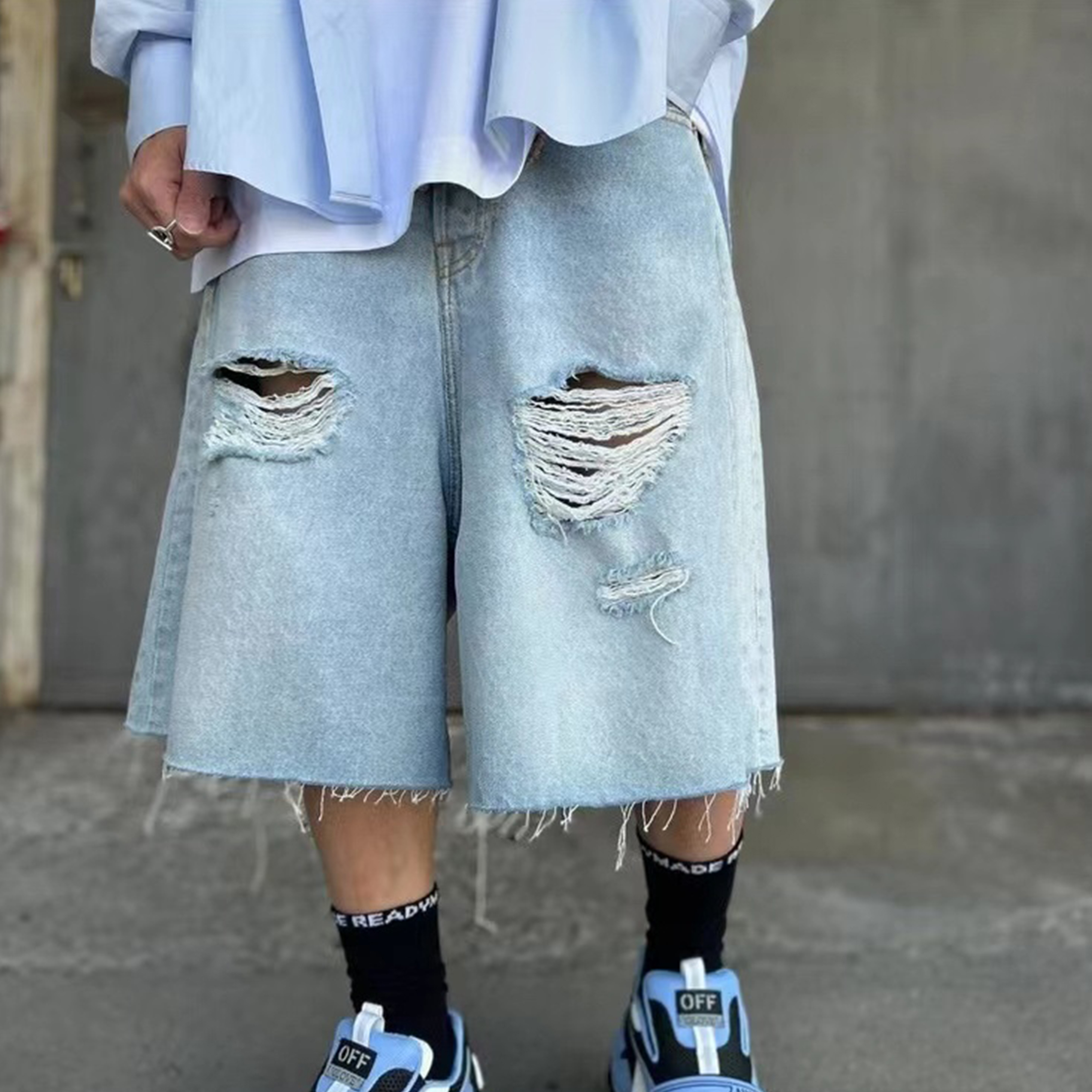 NIGO Vetements Men's And Women's Spring/summer Cotton Washed Distressed Denim Shorts With Zipper Loose Wide Leg Jeans Pants Ngvp #nigo8521