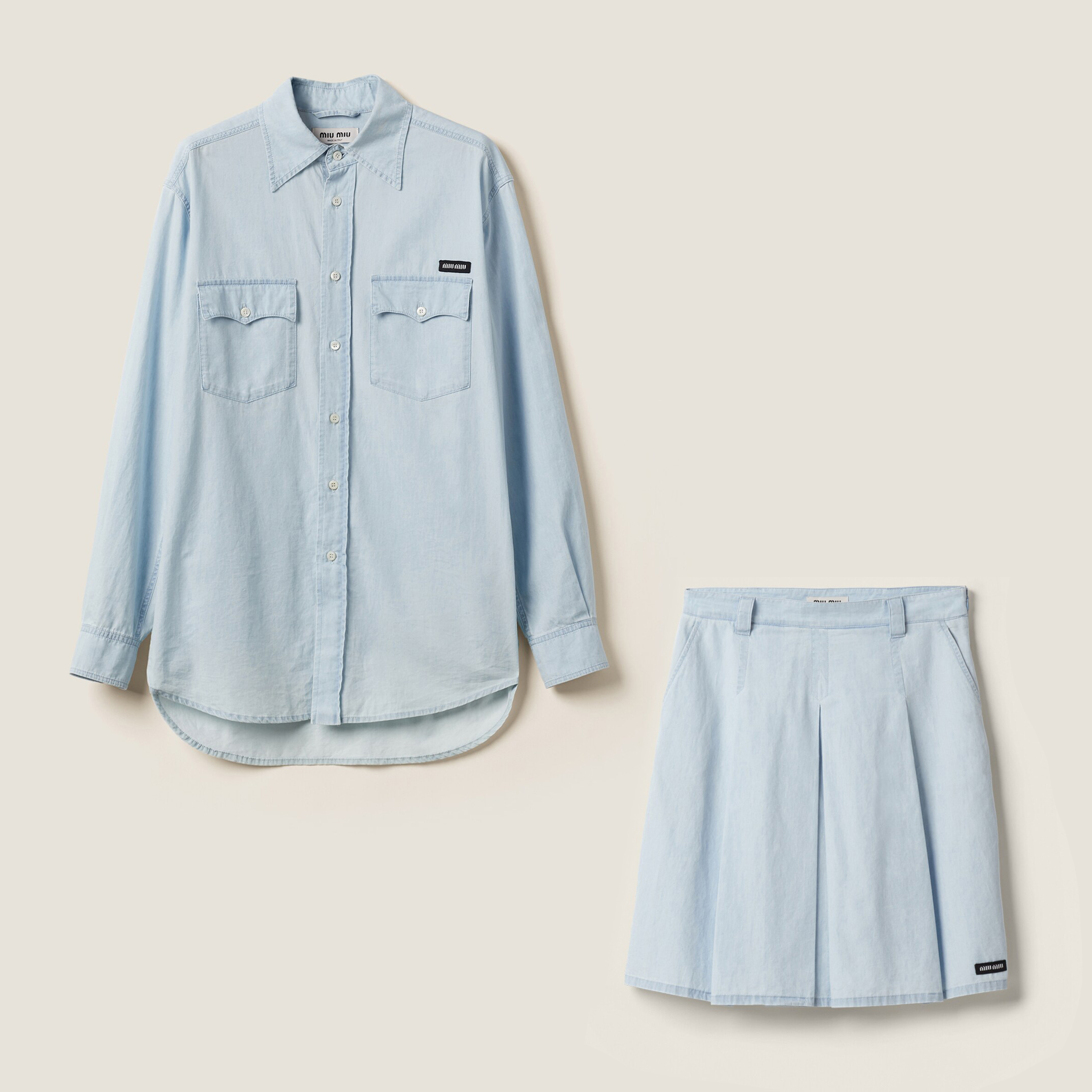 NIGO MiuMiu Women‘s Spring And Summer Light Blue Single Breasted Long Sleeved Denim Shirt Low Waist Loose Skirt Suit Set #nigo99841