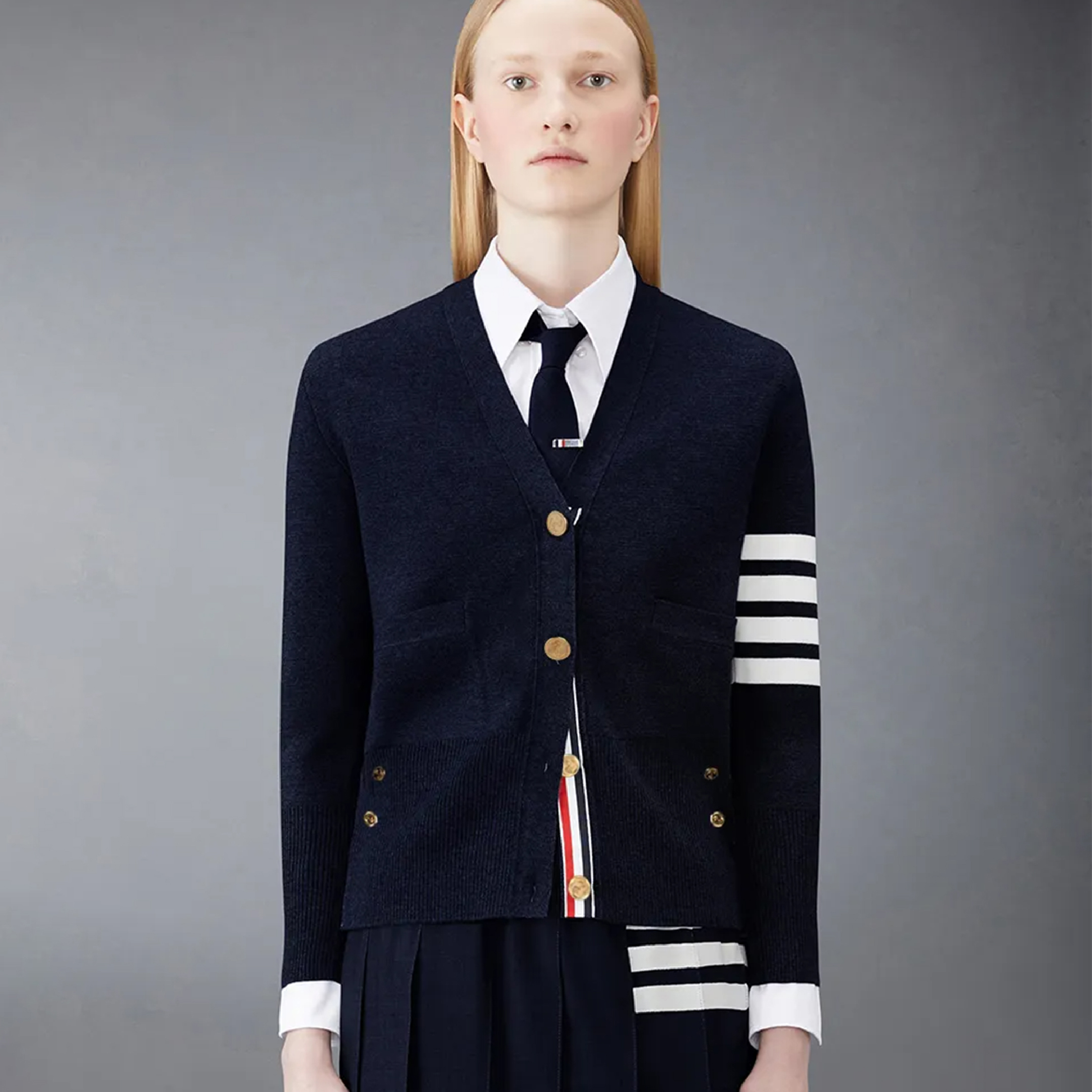 NIGO Thom Browne Women's Spring And Autumn Single Breasted Striped Knitwear Button V-neck Wool Cardigan Top #nigo71276