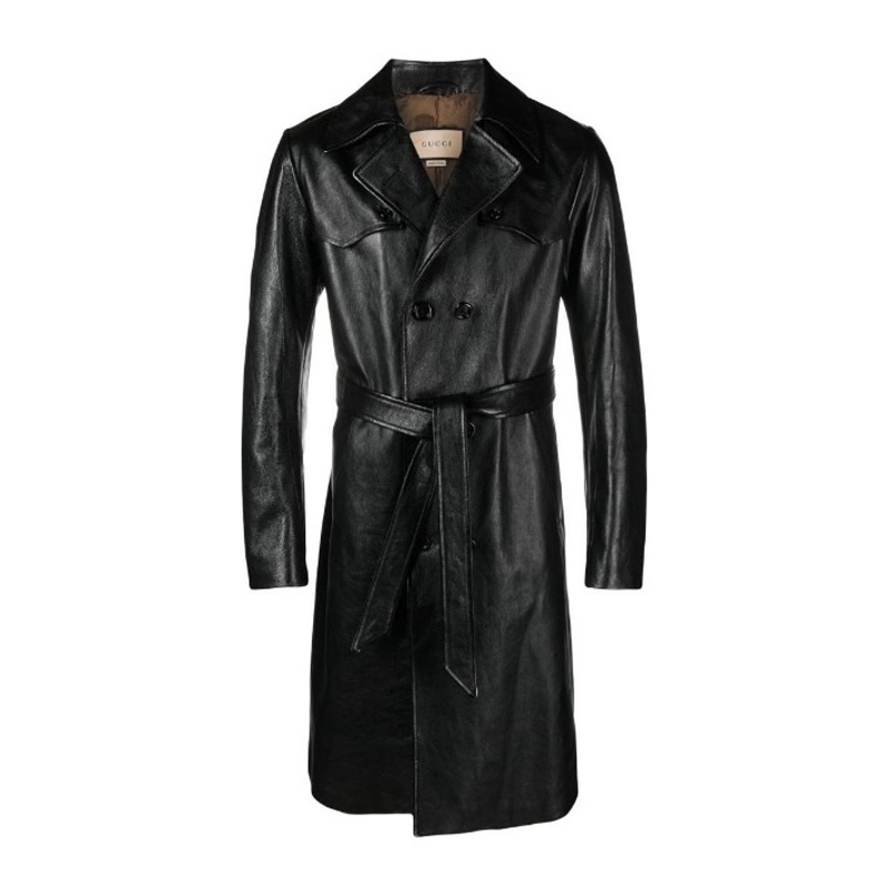NIGO Gucci Men's Fall And Winter Black Double Breasted Lace Up Drawstring Lambskin Long Coat Jacket #nigo99879
