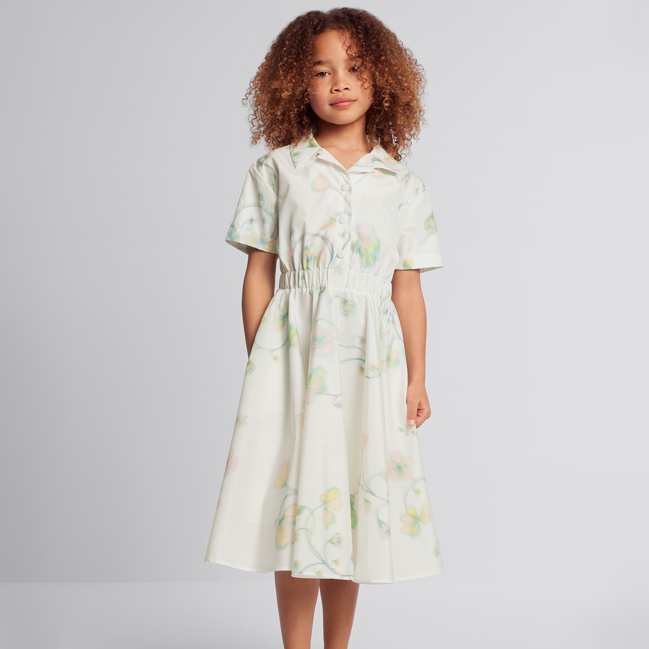 NIGO Dior Kid's Summer Floral Printed Lapel Mid-Length Fitted Short Sleeve Flared Dress #nigo31291