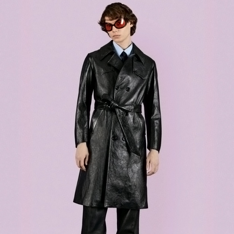 NIGO Gucci Men's Fall And Winter Black Double Breasted Lace Up Drawstring Lambskin Long Coat Jacket #nigo99879