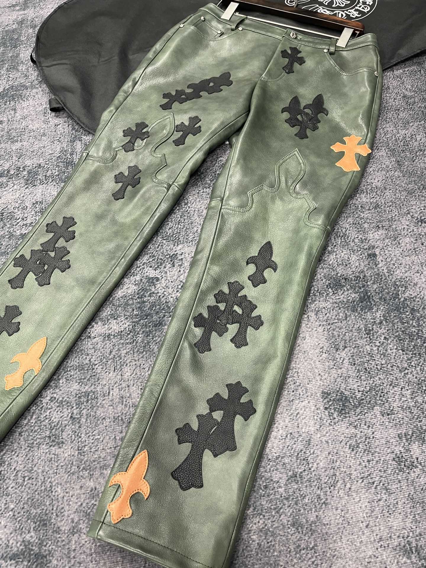 NIGO Chrome Hearts Men's Fall/Winter Dark Green Calfskin Leather Patch Embroidered Pants #nigo99894