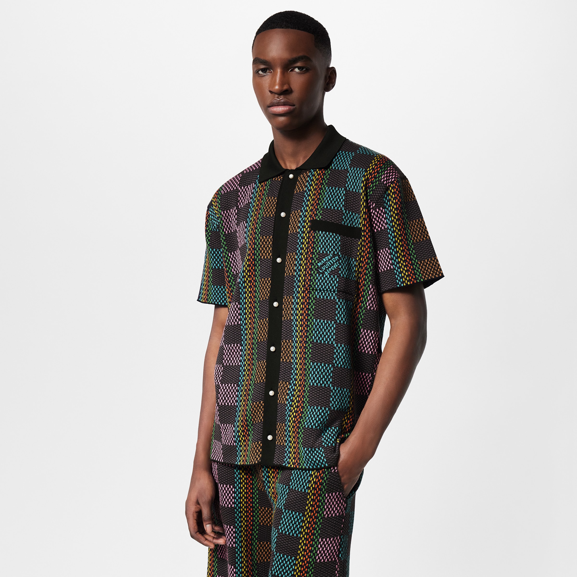NIGO Louis Vuitton Men's Summer Colorful Checkerboard Cotton Knit Short Sleeve Shirt Lace-Up Shorts Set Suit #nigo99889