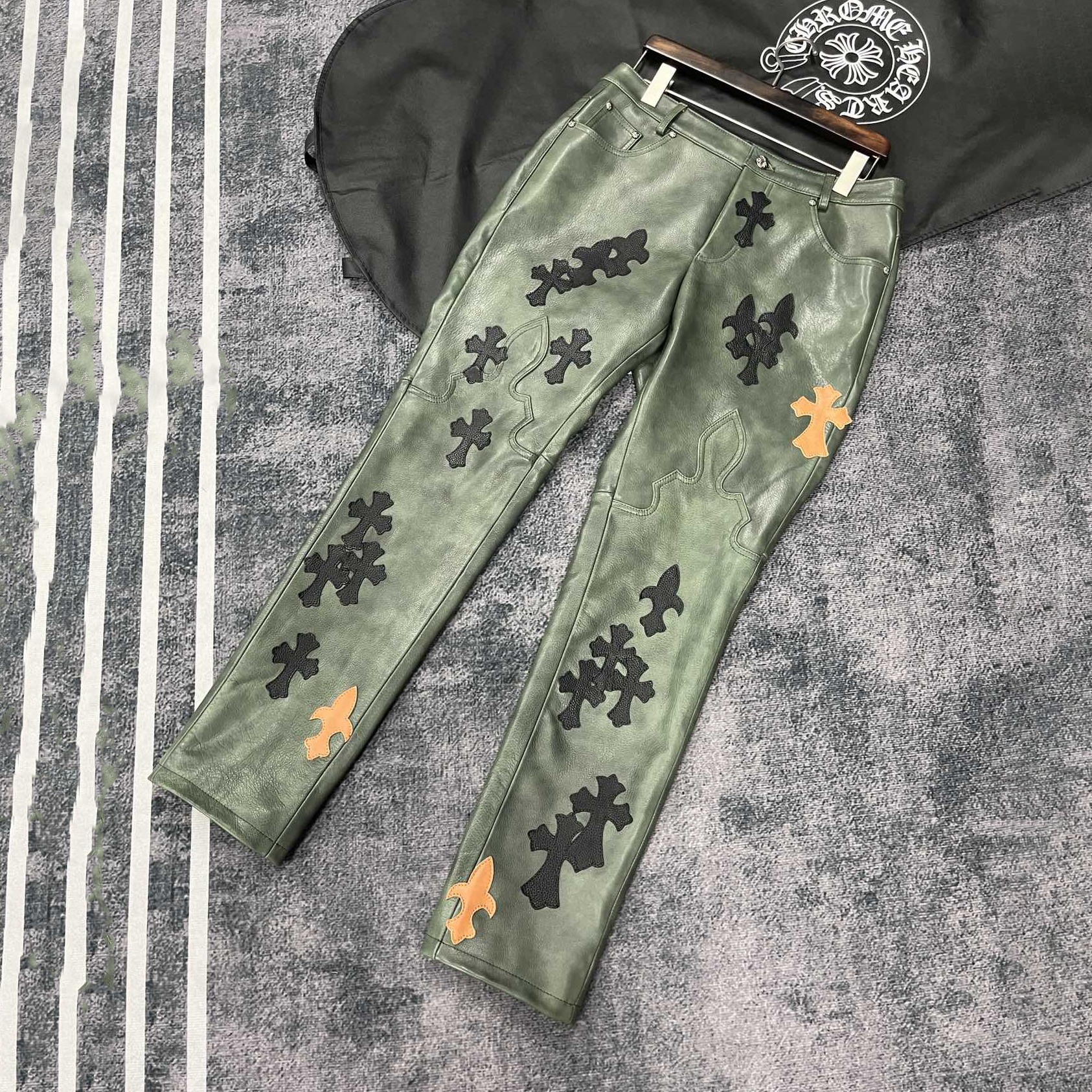 NIGO Chrome Hearts Men's Fall/Winter Dark Green Calfskin Leather Patch Embroidered Pants #nigo99894
