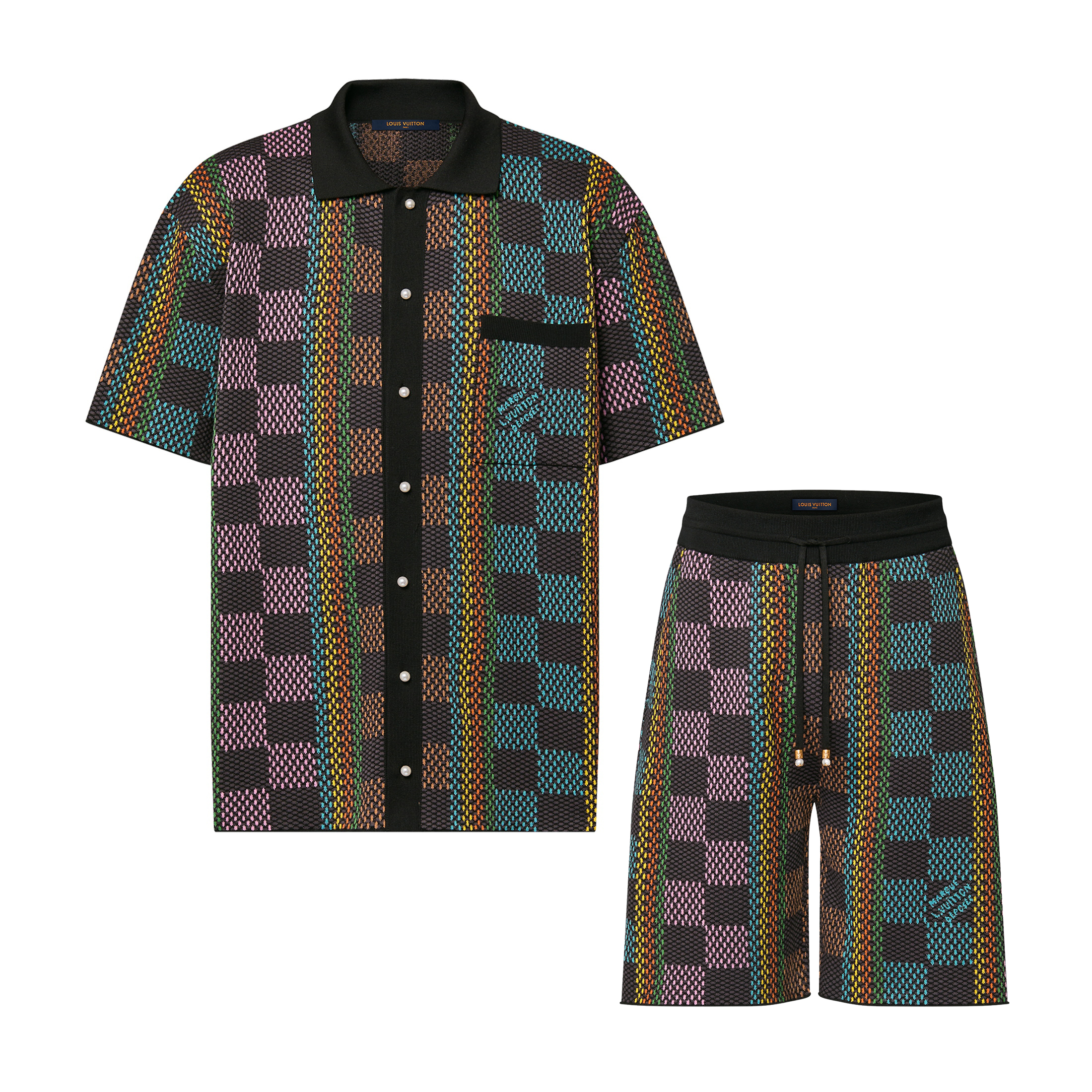 NIGO Louis Vuitton Men's Summer Colorful Checkerboard Cotton Knit Short Sleeve Shirt Lace-Up Shorts Set Suit #nigo99889