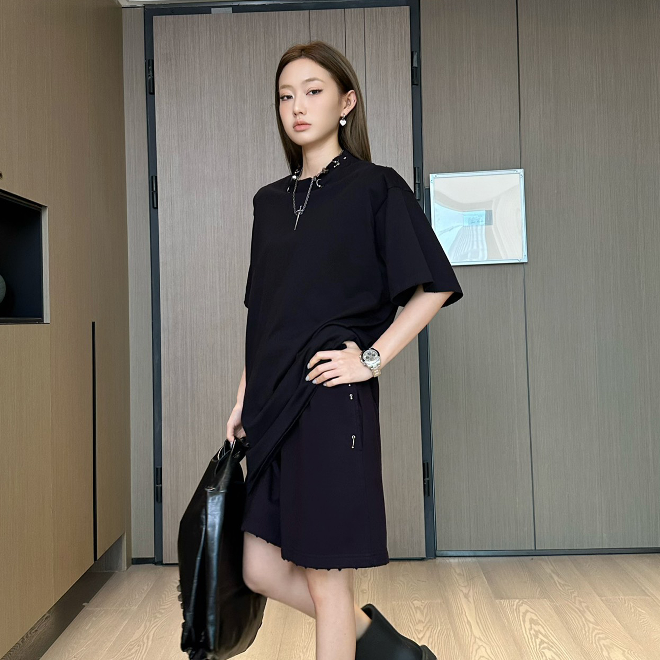 NIGO Balenciaga Men's Summer Vintage Solid Color Old Metal Perforated Neckline Cotton Loose Short Sleeve T-Shirt Casual Elastic Shorts #nigo8575