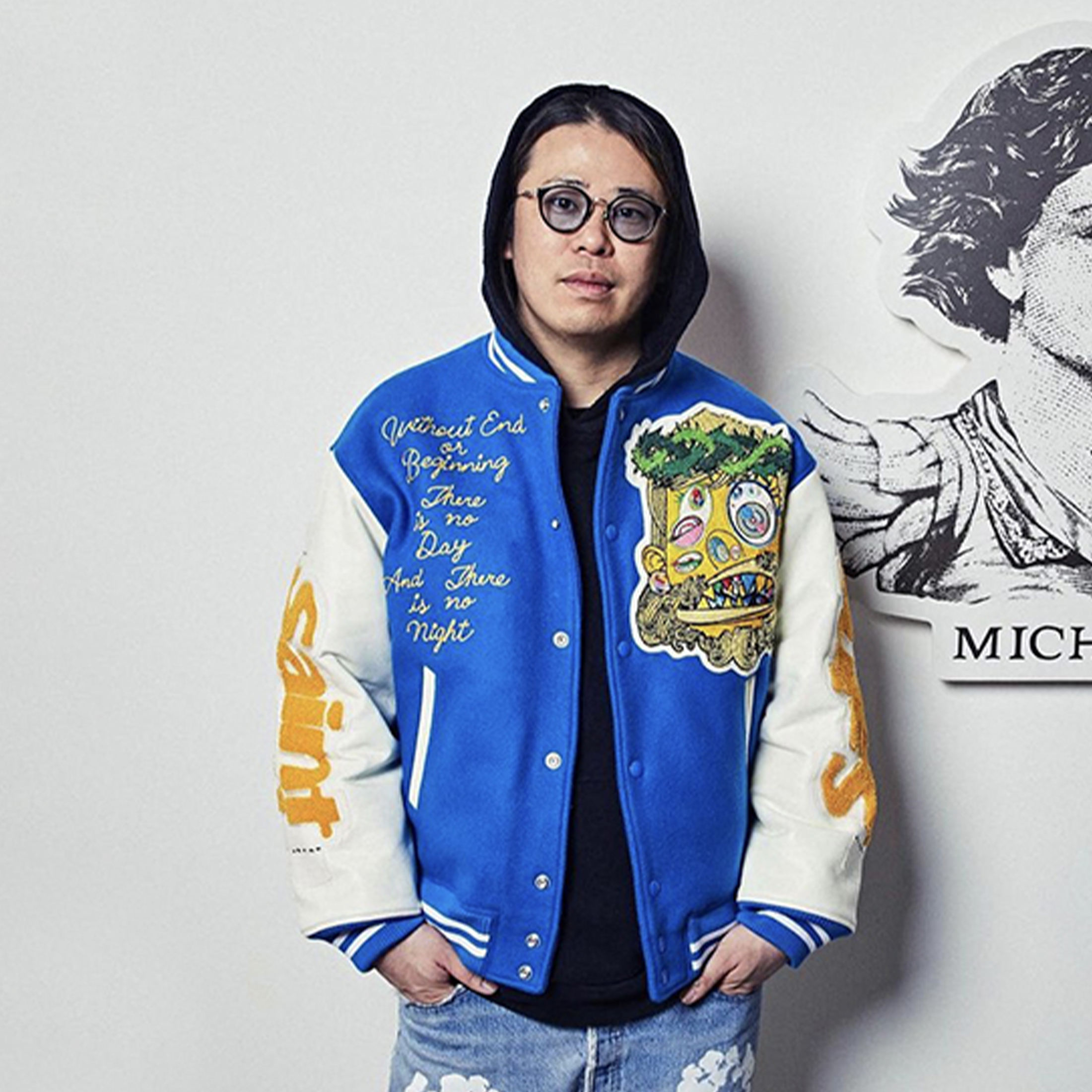 NIGO Saint Michael x 村上隆 Men Women Spring And Autumn Fashion Pattern Embroidery Baseball Collar Cowhide Sleeve Long Sleeve Wool Jacket Solid Color Coat Ngvp #nigo8582