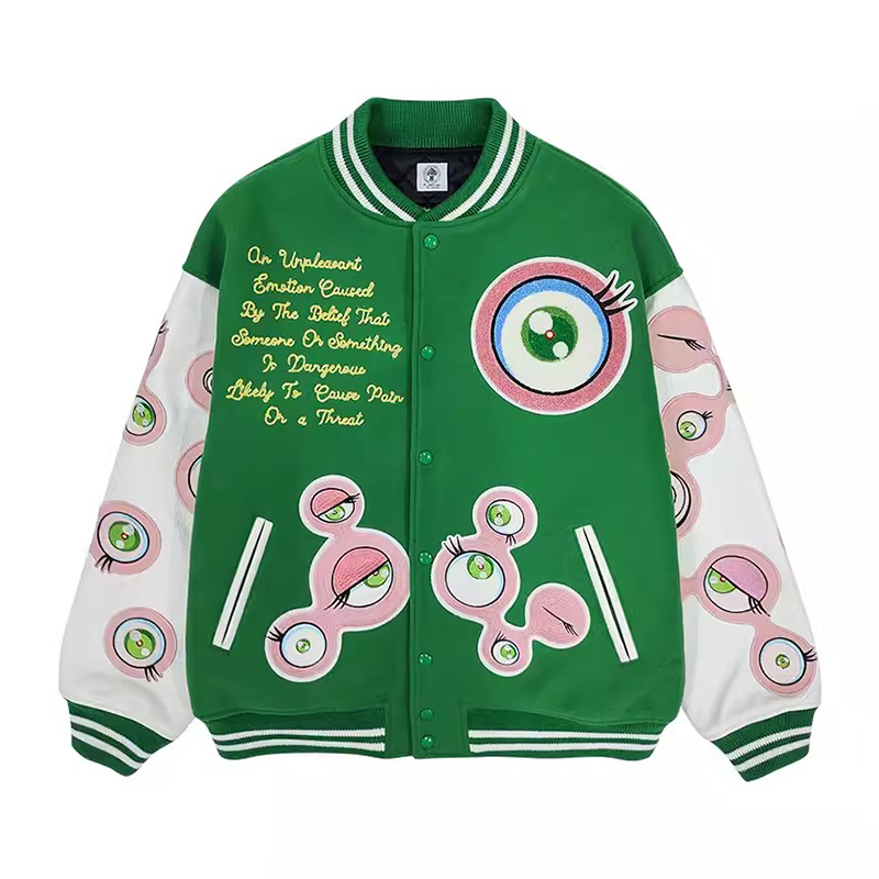 NIGO Saint Michael x 村上隆 Men Women Spring And Autumn Fashion Pattern Embroidery Baseball Collar Cowhide Sleeve Long Sleeve Wool Jacket Solid Color Coat Ngvp #nigo8582