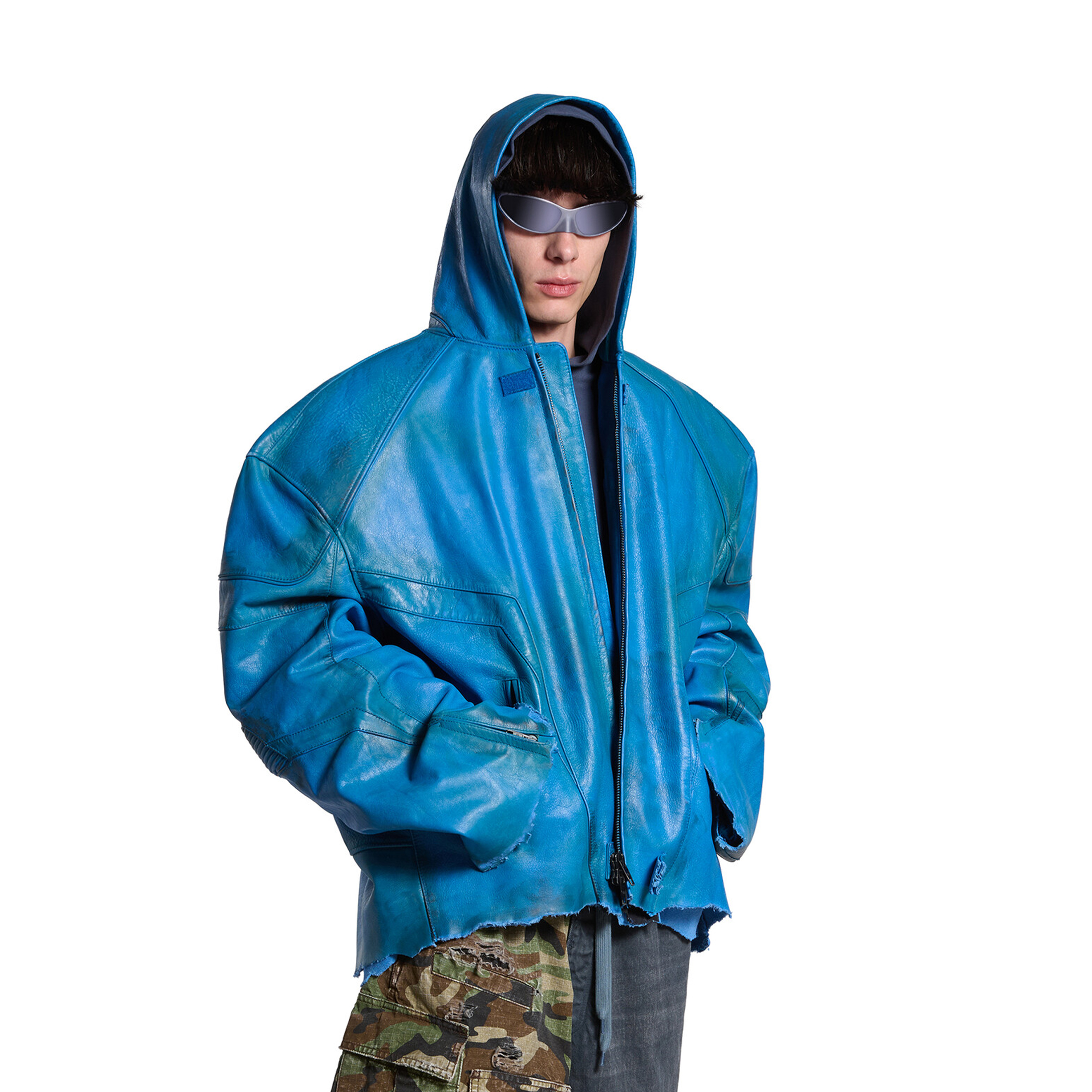 NIGO Balenciaga Men's Spring And Fall Fashion Zipper Blue Cowhide Hooded Long Sleeve Loose Biker Jacket Ngvp #nigo8581