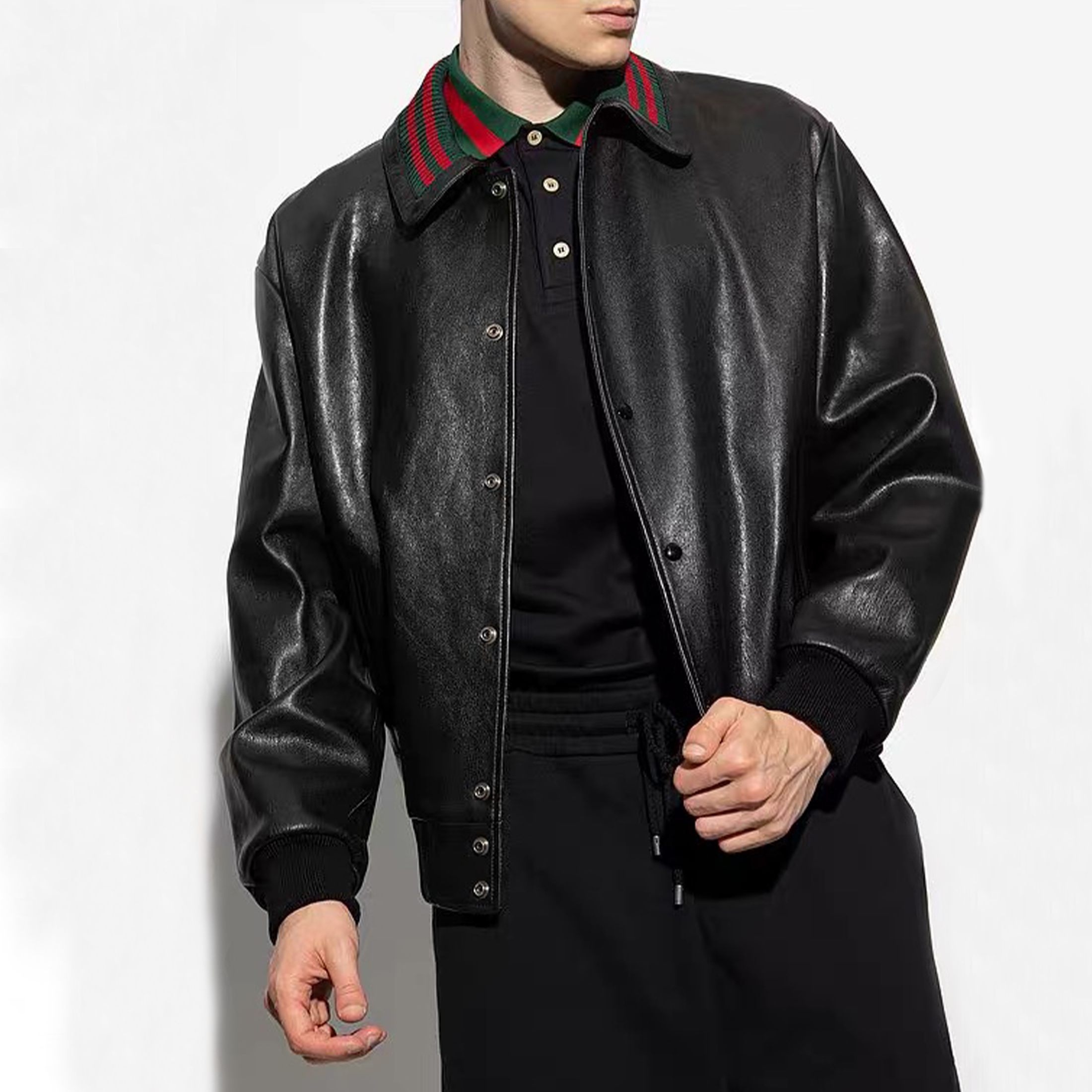 NIGO Gucci Men's Fall/Winter Striped Lapel Single Breasted Fitted Long Sleeve Black Leather Jacket Coat #nigo99964