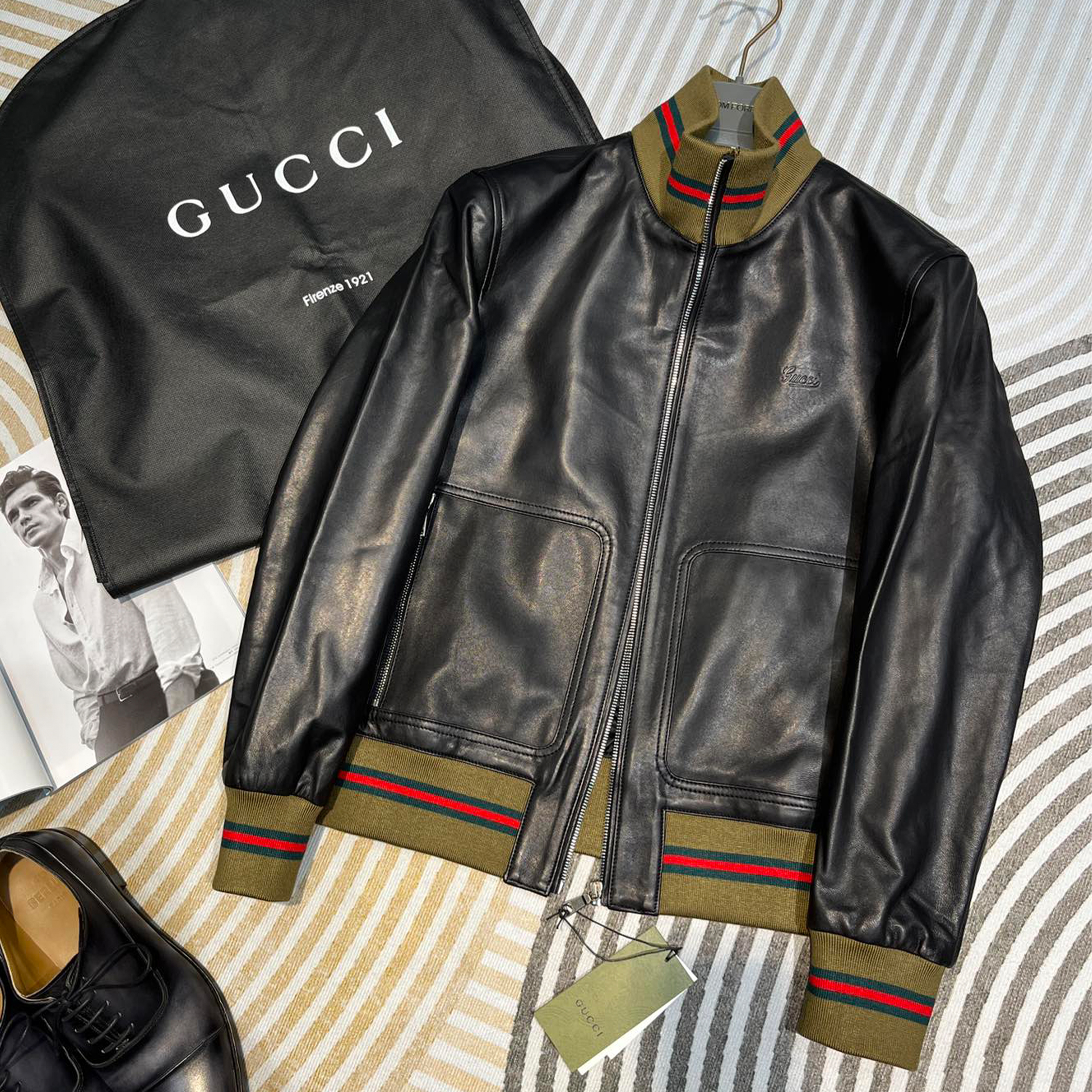 NIGO Gucci Men's Spring And Autumn Striped Standing Collar Solid Color Long Sleeve Leather Jacket Coat #nigo99961