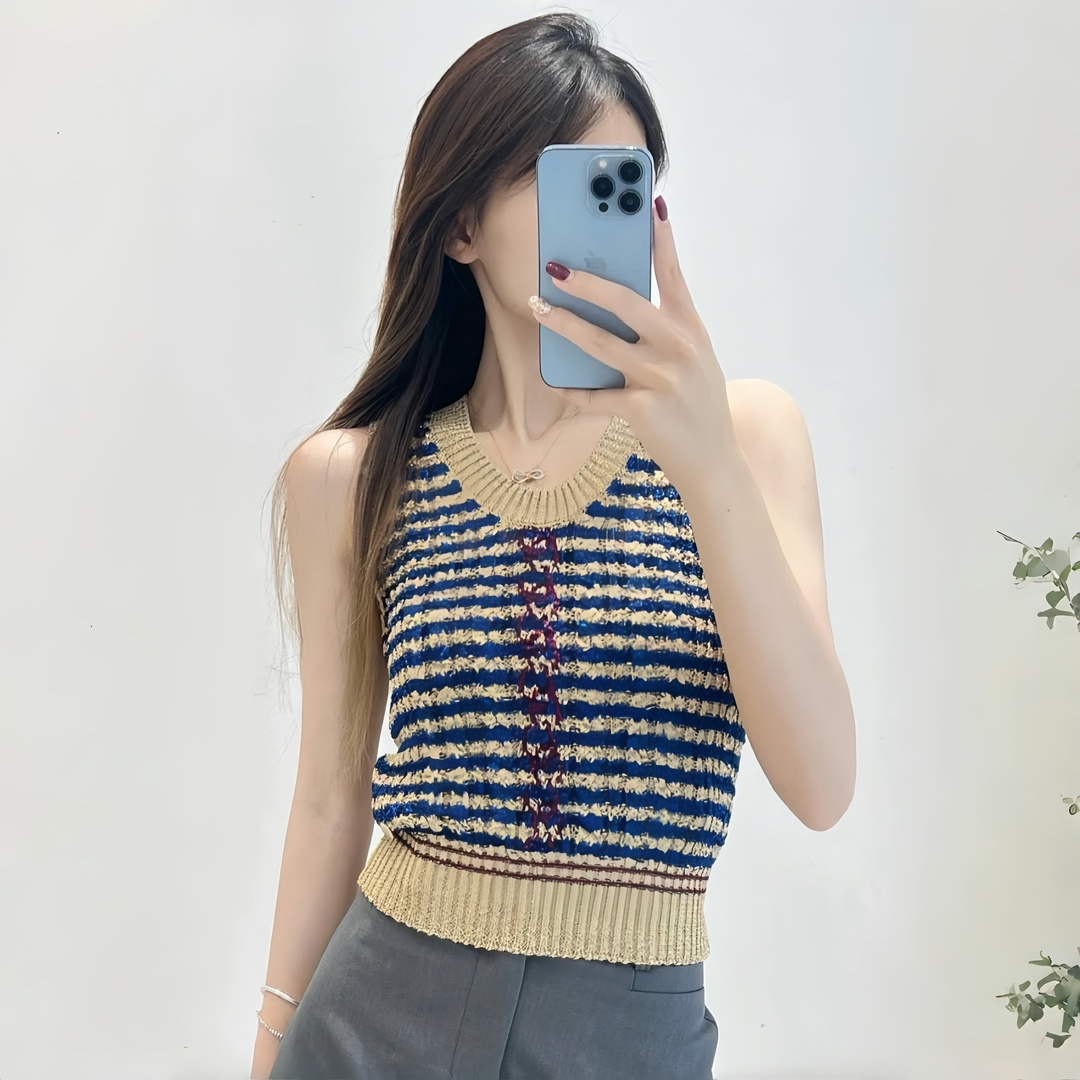 NIGO Chanel Women's Summer U-neck Color Matching Gilded Needle Knitted Sleeveless Striped Vest Fashionable And Casual Top Ngvp #nigo8612