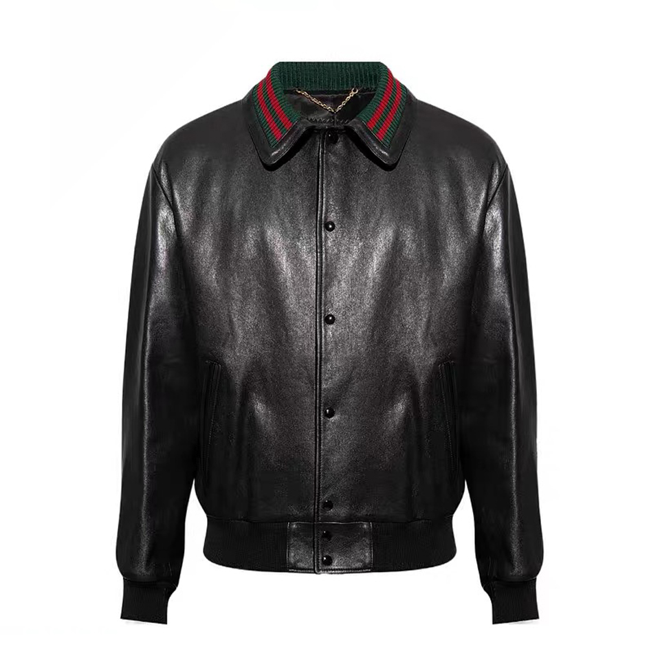 NIGO Gucci Men's Fall/Winter Striped Lapel Single Breasted Fitted Long Sleeve Black Leather Jacket Coat #nigo99964