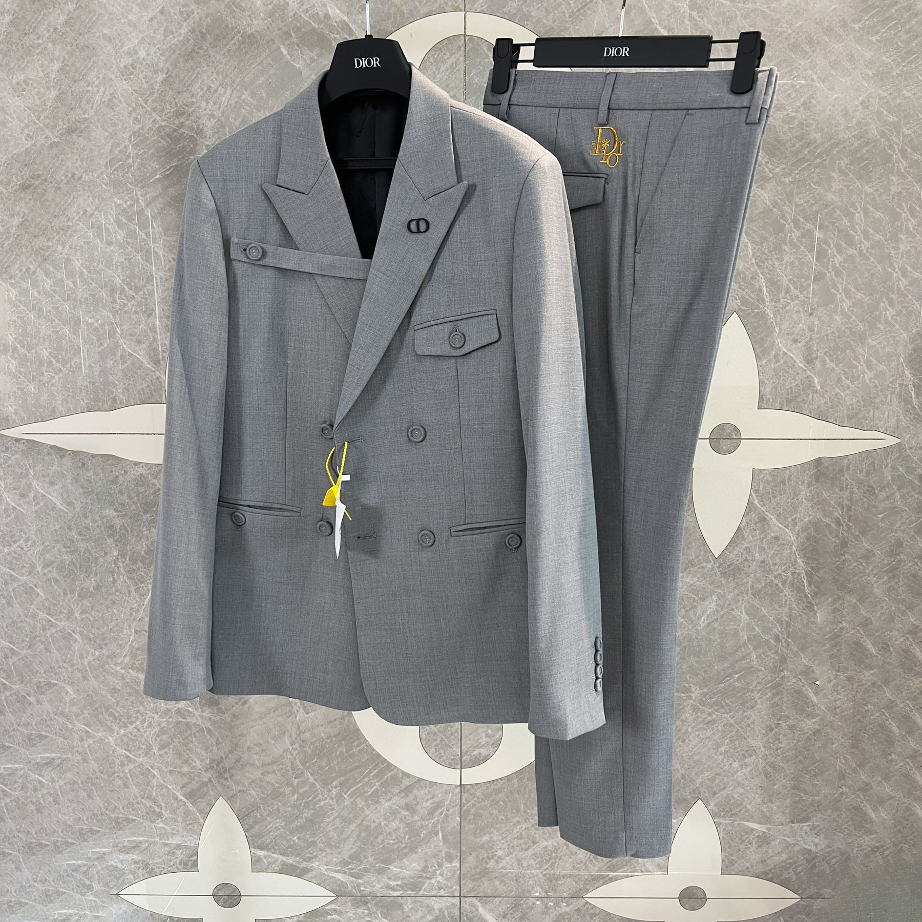 Men's Spring and Autumn Gray Double Breasted Long Sleeve Suit Jacket Blazer Embroidered Logo Suit Pants Set #nigo99926